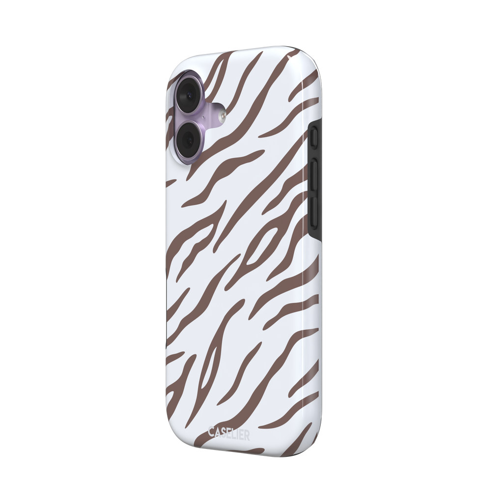 Tiger print phone case in white with mocha brown stripes, minimal light-toned animal print variant, phone case by Caselier — tough case, right view