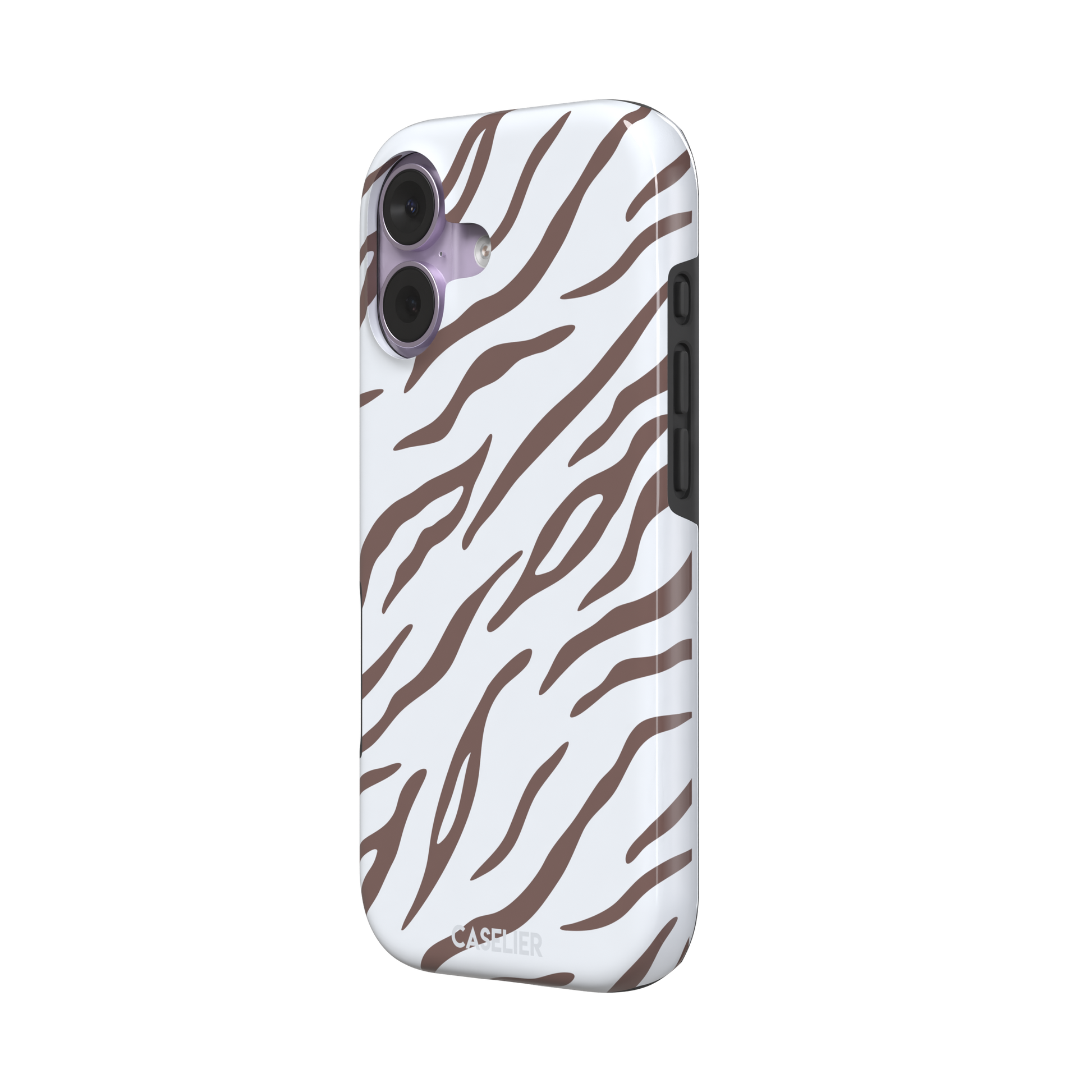 Tiger print phone case in white with mocha brown stripes, minimal light-toned animal print variant, phone case by Caselier — tough case, right view