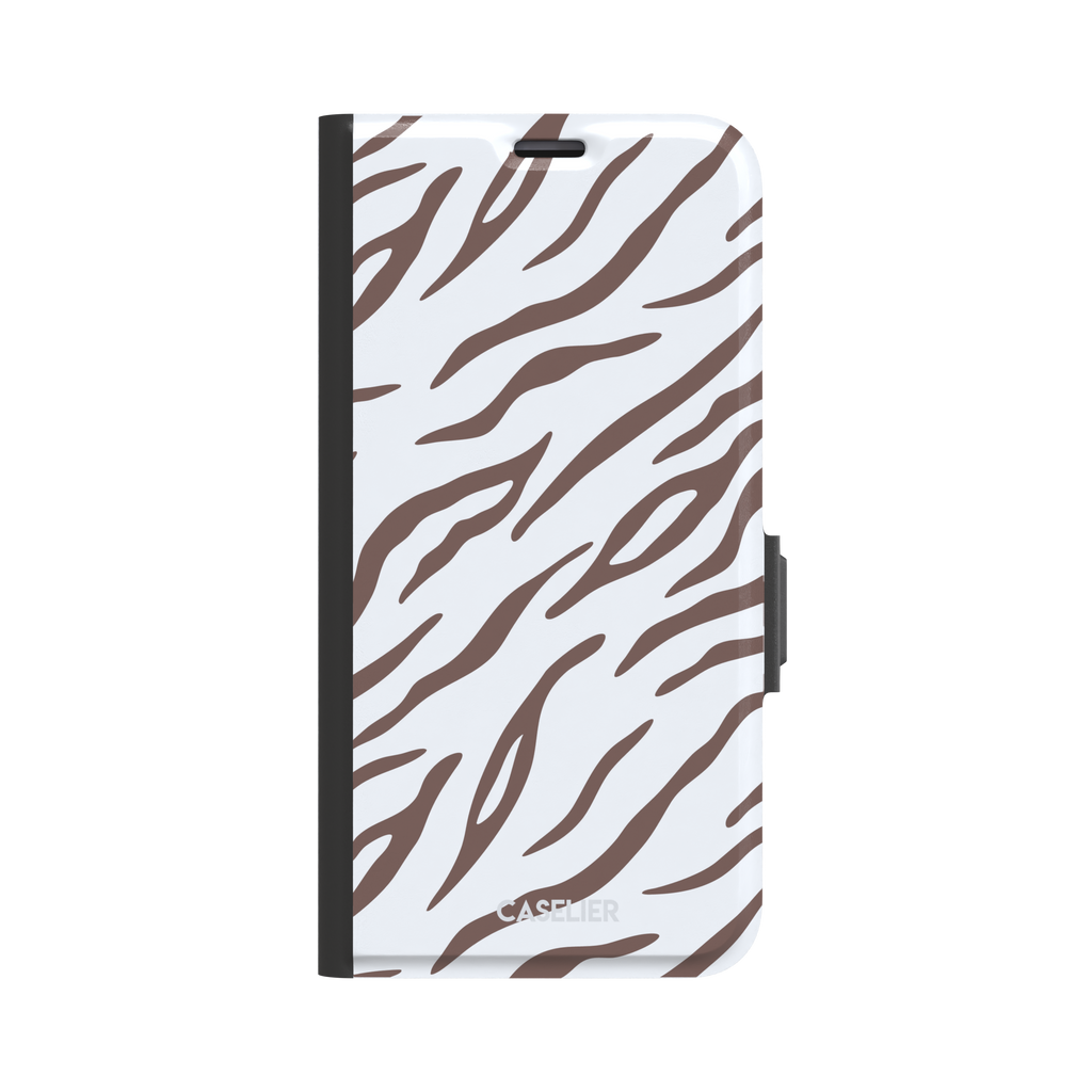 Tiger print phone case in white with mocha brown stripes, minimal light-toned animal print variant, phone case by Caselier — wallet case, front view