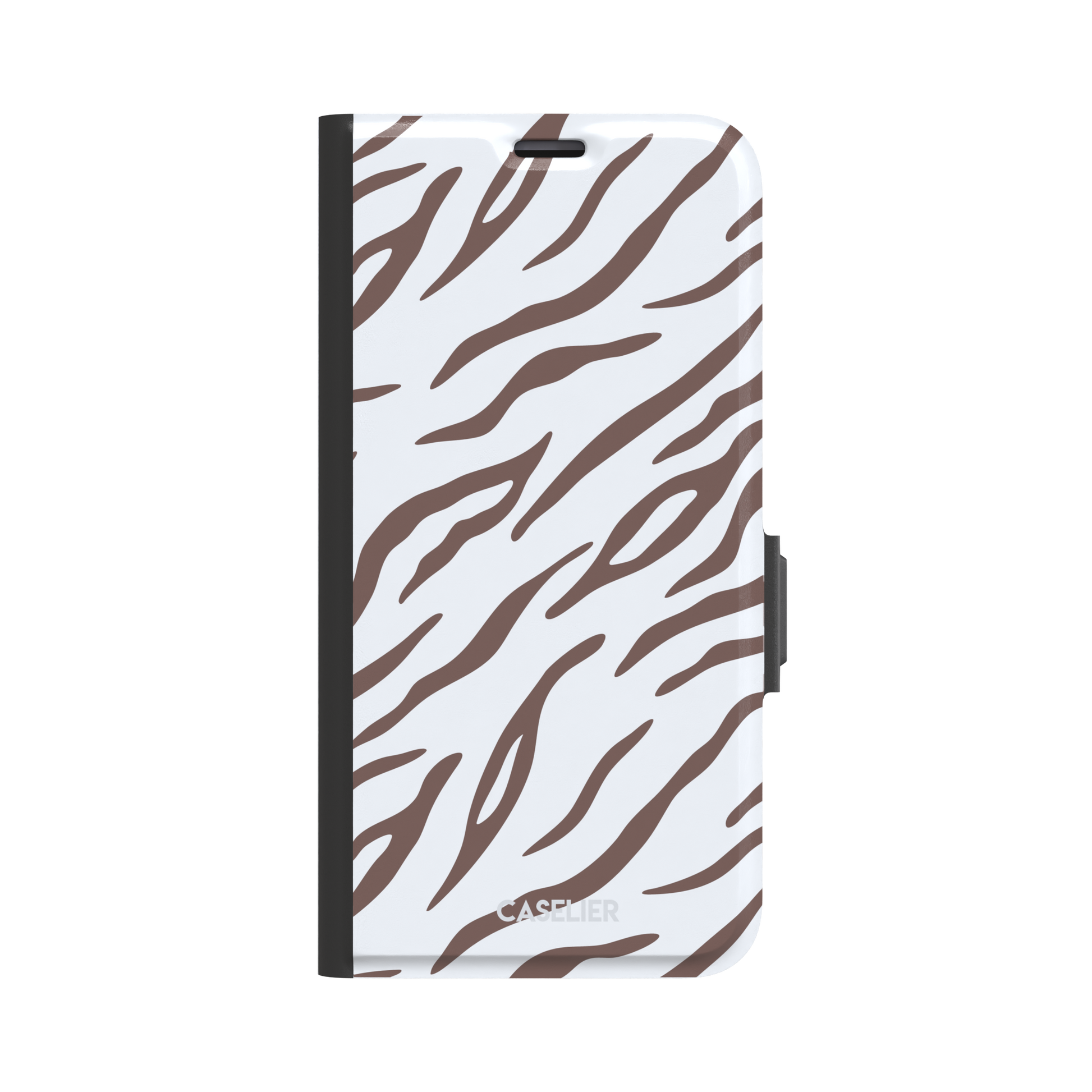 Tiger print phone case in white with mocha brown stripes, minimal light-toned animal print variant, phone case by Caselier — wallet case, front view