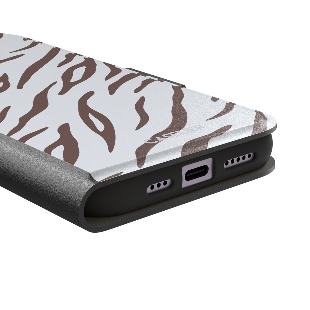 Tiger print phone case in white with mocha brown stripes, minimal light-toned animal print variant, phone case by Caselier — wallet case, charging port detail