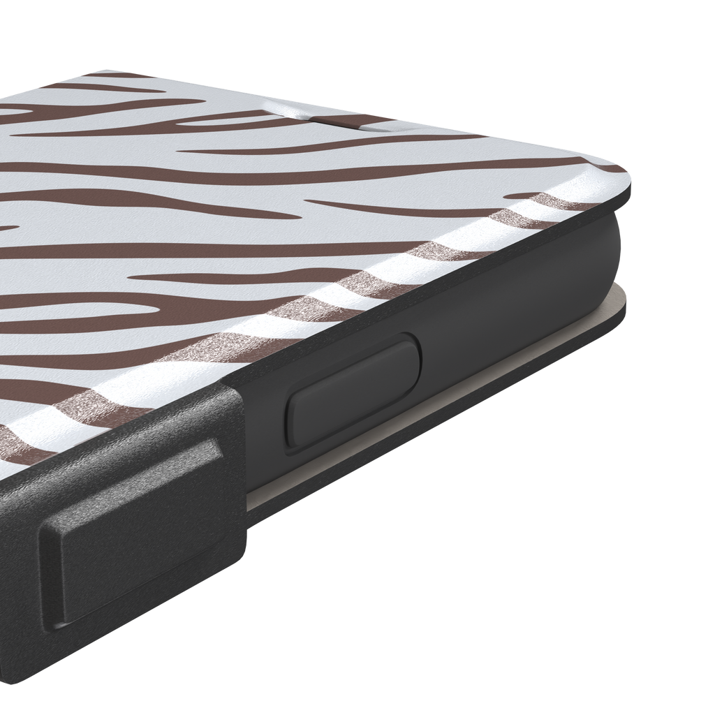 Tiger print phone case in white with mocha brown stripes, minimal light-toned animal print variant, phone case by Caselier — wallet case, volume buttons detail