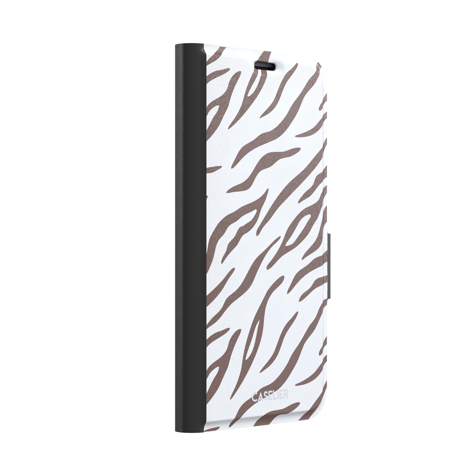 Tiger print phone case in white with mocha brown stripes, minimal light-toned animal print variant, phone case by Caselier — wallet case, left view