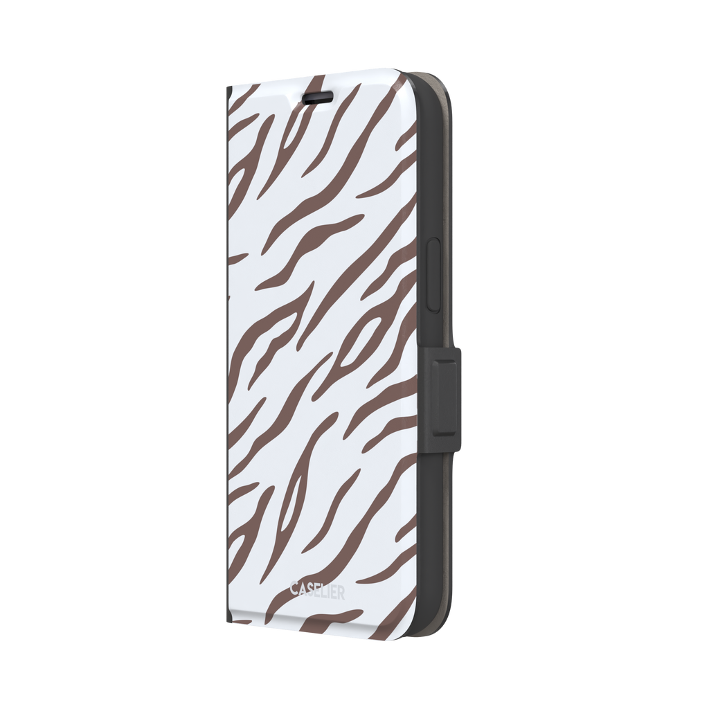 Tiger print phone case in white with mocha brown stripes, minimal light-toned animal print variant, phone case by Caselier — wallet case, right view
