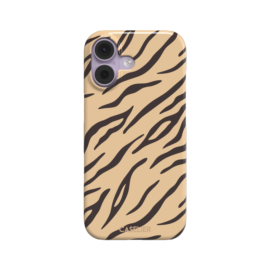 Tiger print phone case in sandy beige with dark brown stripes, warm-toned animal print variant, phone case by Caselier — snap case, front view