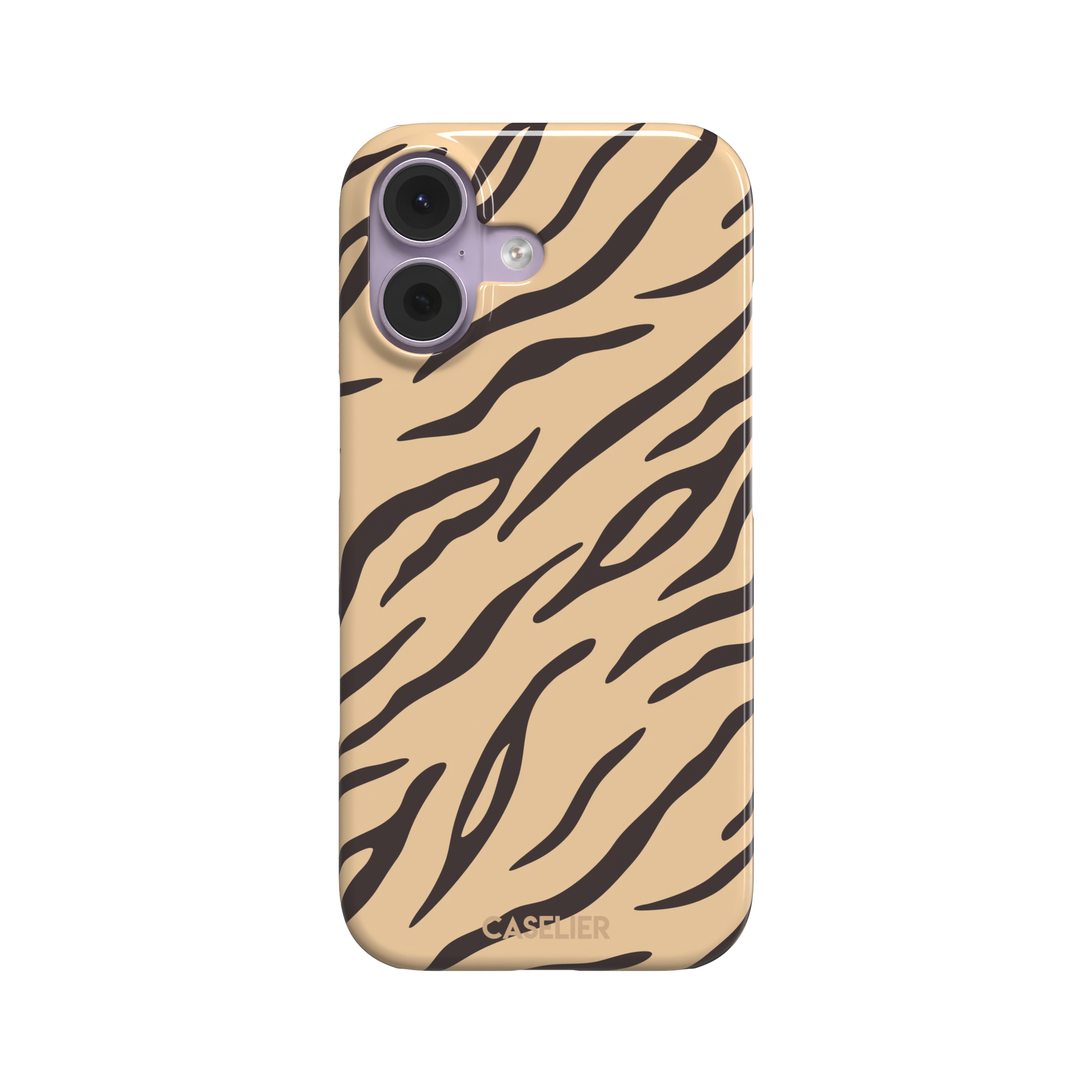 Tiger print phone case in sandy beige with dark brown stripes, warm-toned animal print variant, phone case by Caselier — snap case, front view