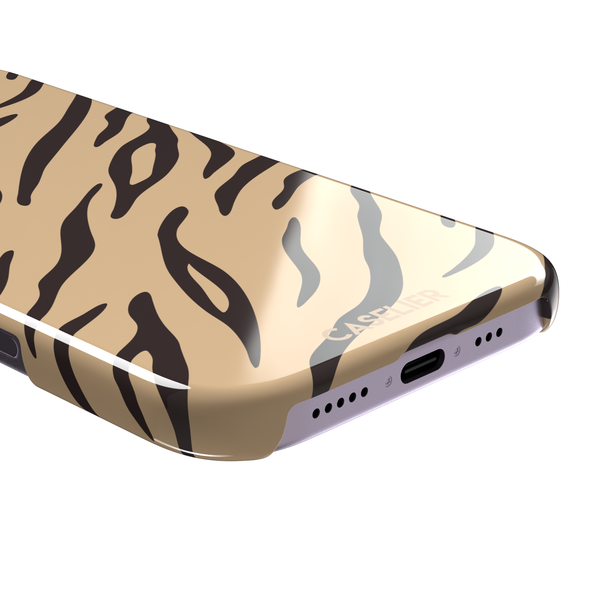 Tiger print phone case in sandy beige with dark brown stripes, warm-toned animal print variant, phone case by Caselier — snap case, charging port detail