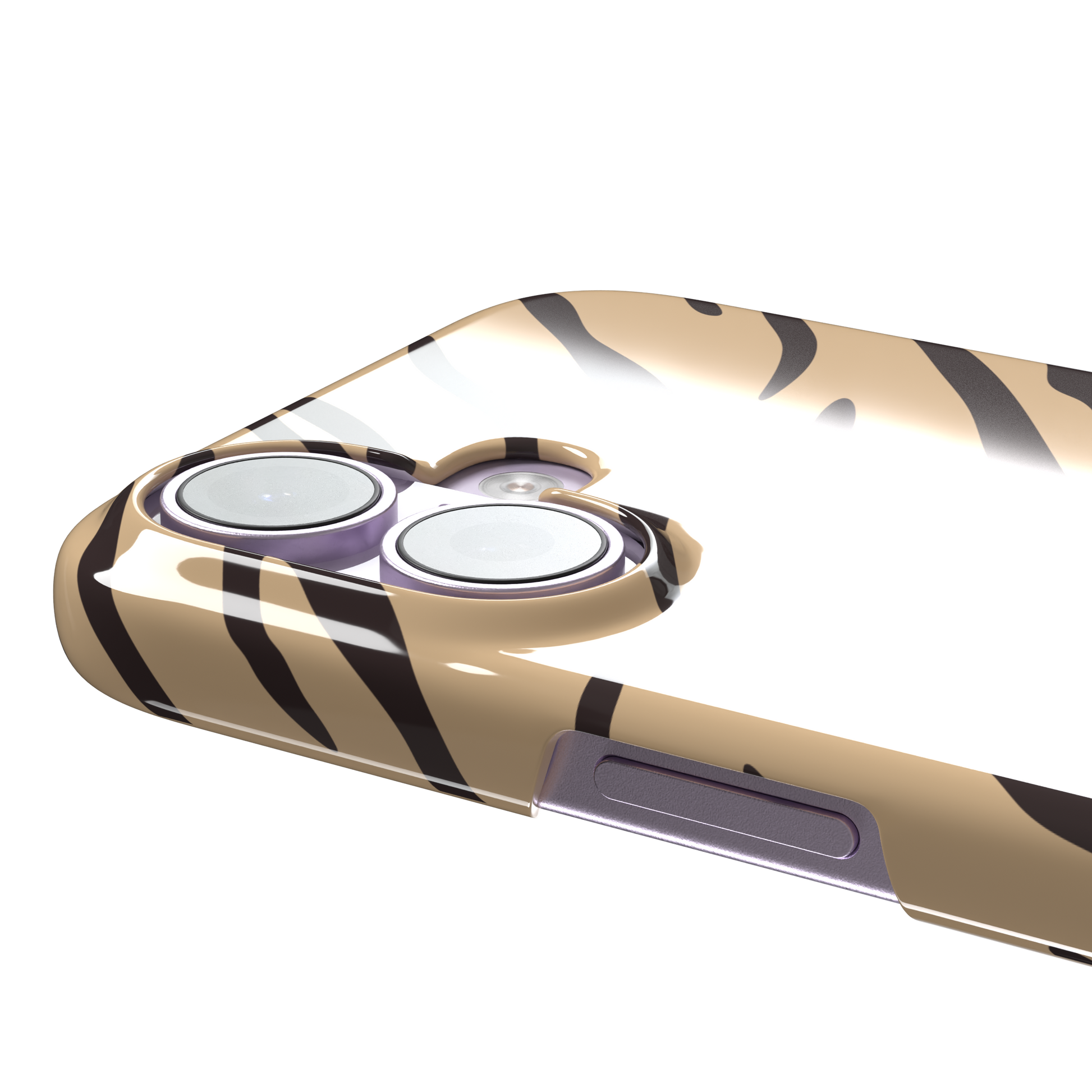 Tiger print phone case in sandy beige with dark brown stripes, warm-toned animal print variant, phone case by Caselier — snap case, volume buttons detail