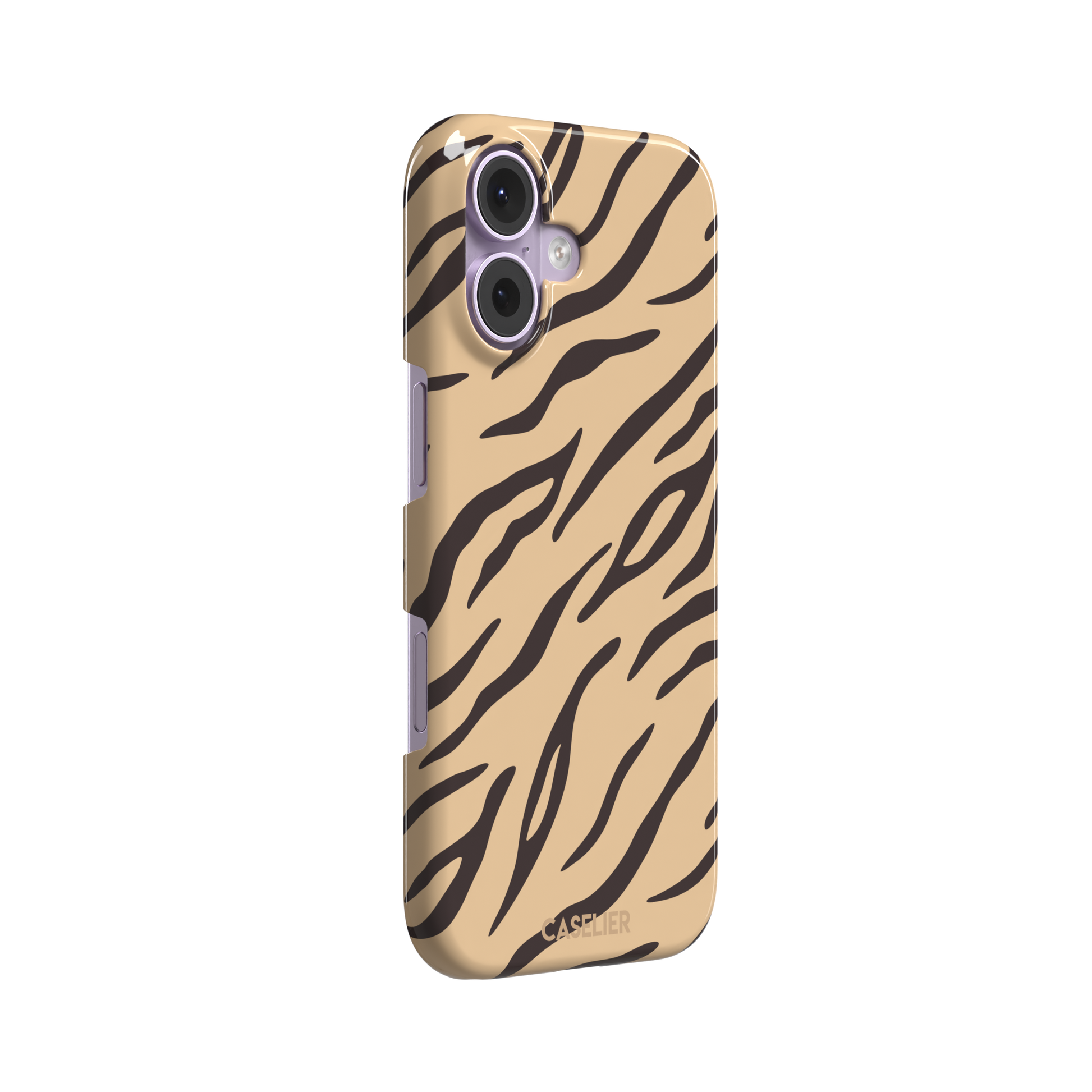 Tiger print phone case in sandy beige with dark brown stripes, warm-toned animal print variant, phone case by Caselier — snap case, left view