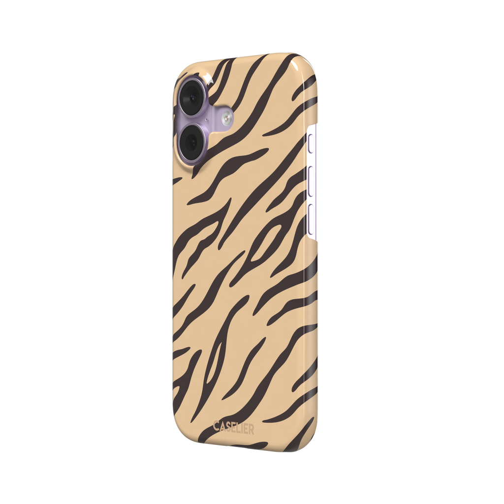 Tiger print phone case in sandy beige with dark brown stripes, warm-toned animal print variant, phone case by Caselier — snap case, right view