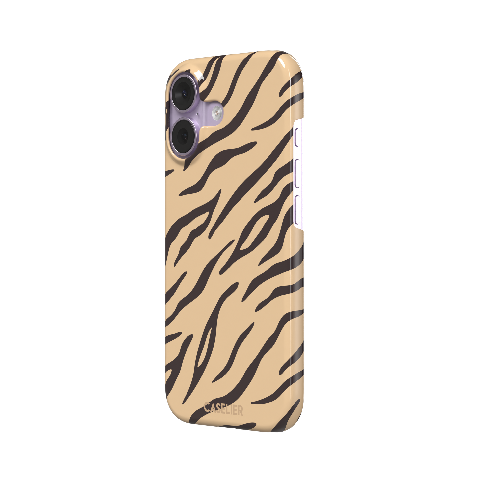 Tiger print phone case in sandy beige with dark brown stripes, warm-toned animal print variant, phone case by Caselier — snap case, right view