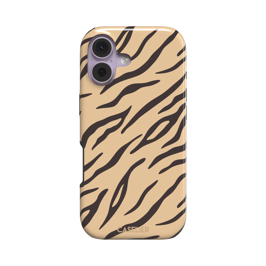 Tiger print phone case in sandy beige with dark brown stripes, warm-toned animal print variant, phone case by Caselier — tough case, front view