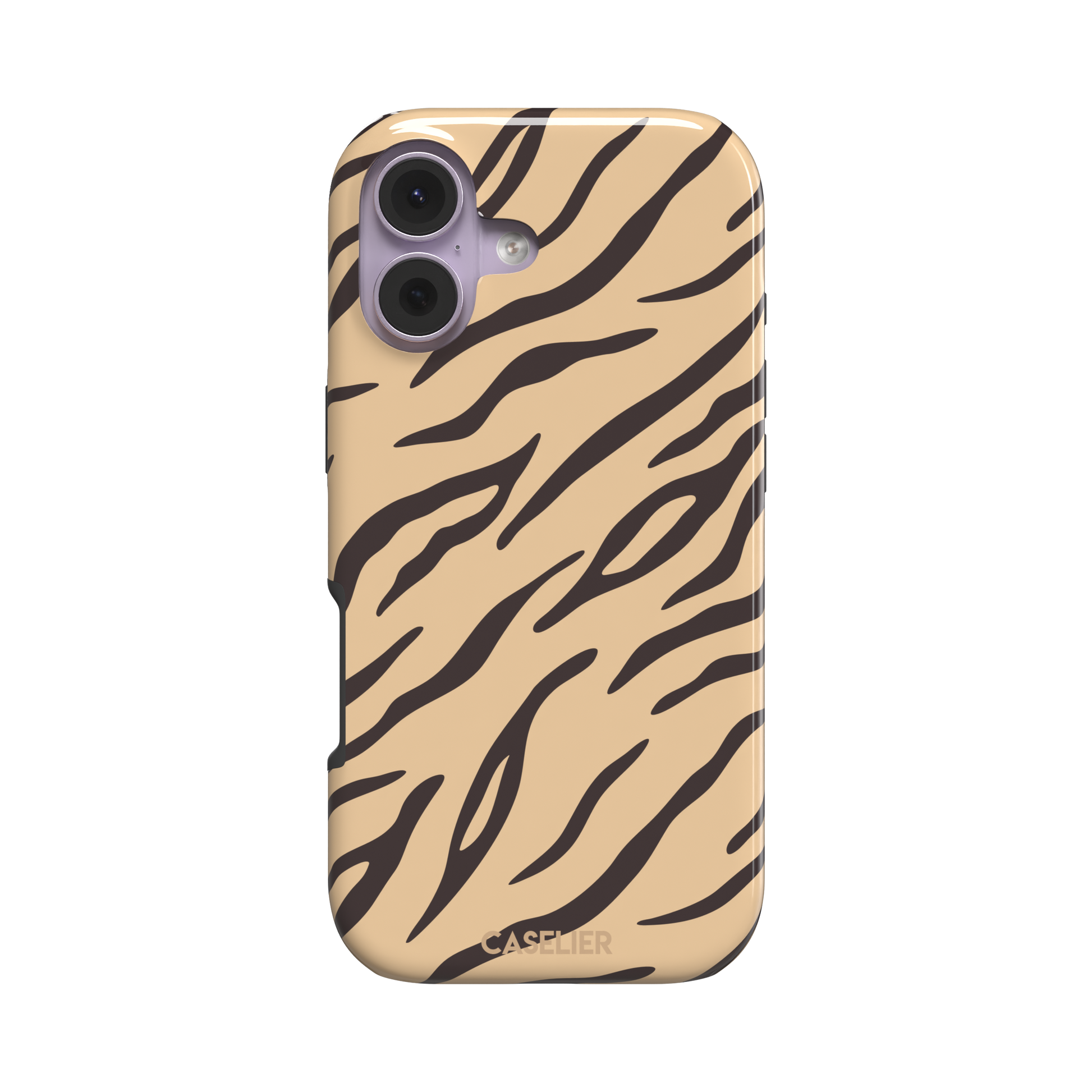 Tiger print phone case in sandy beige with dark brown stripes, warm-toned animal print variant, phone case by Caselier — tough case, front view