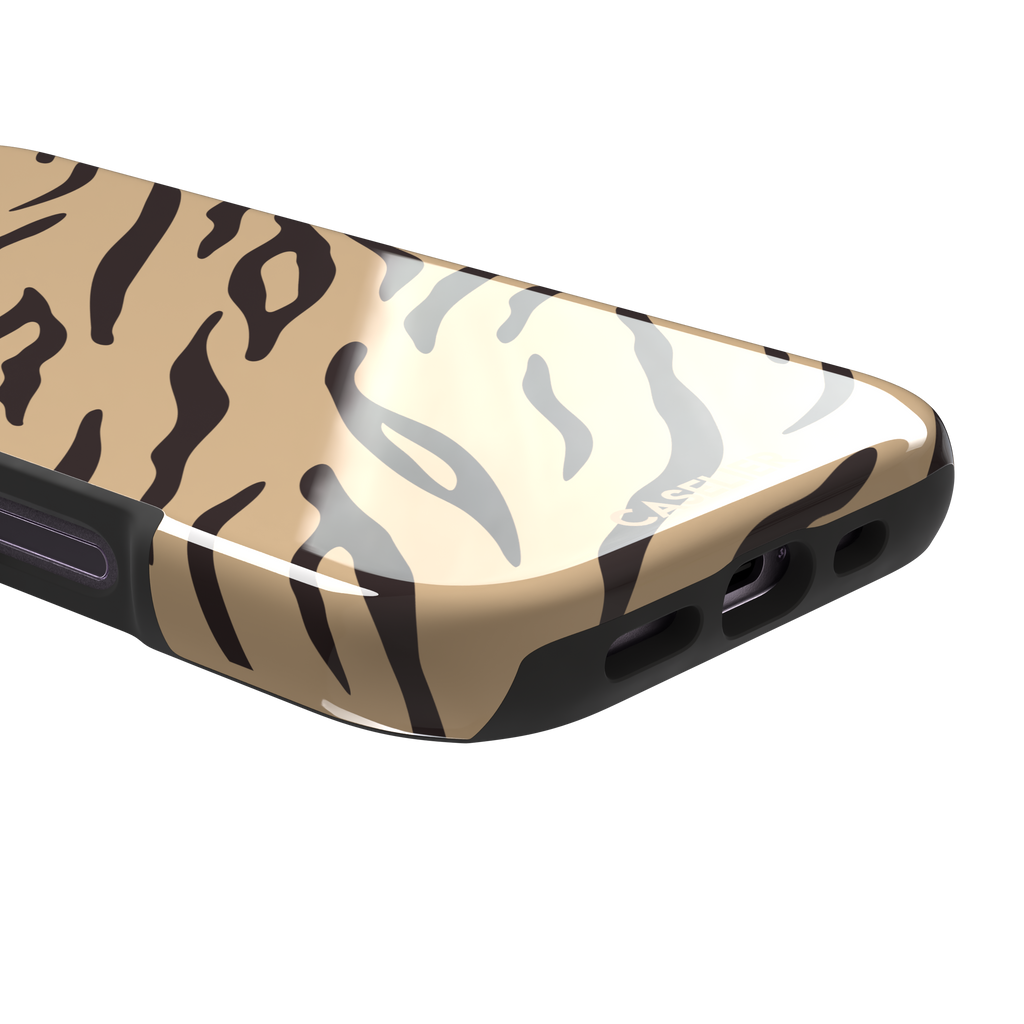 Tiger print phone case in sandy beige with dark brown stripes, warm-toned animal print variant, phone case by Caselier — tough case, charging port detail