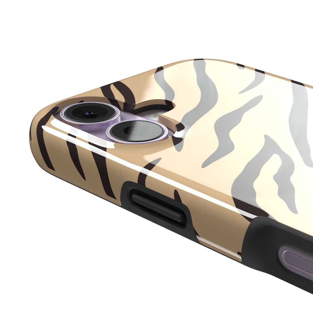 Tiger print phone case in sandy beige with dark brown stripes, warm-toned animal print variant, phone case by Caselier — tough case, volume buttons detail