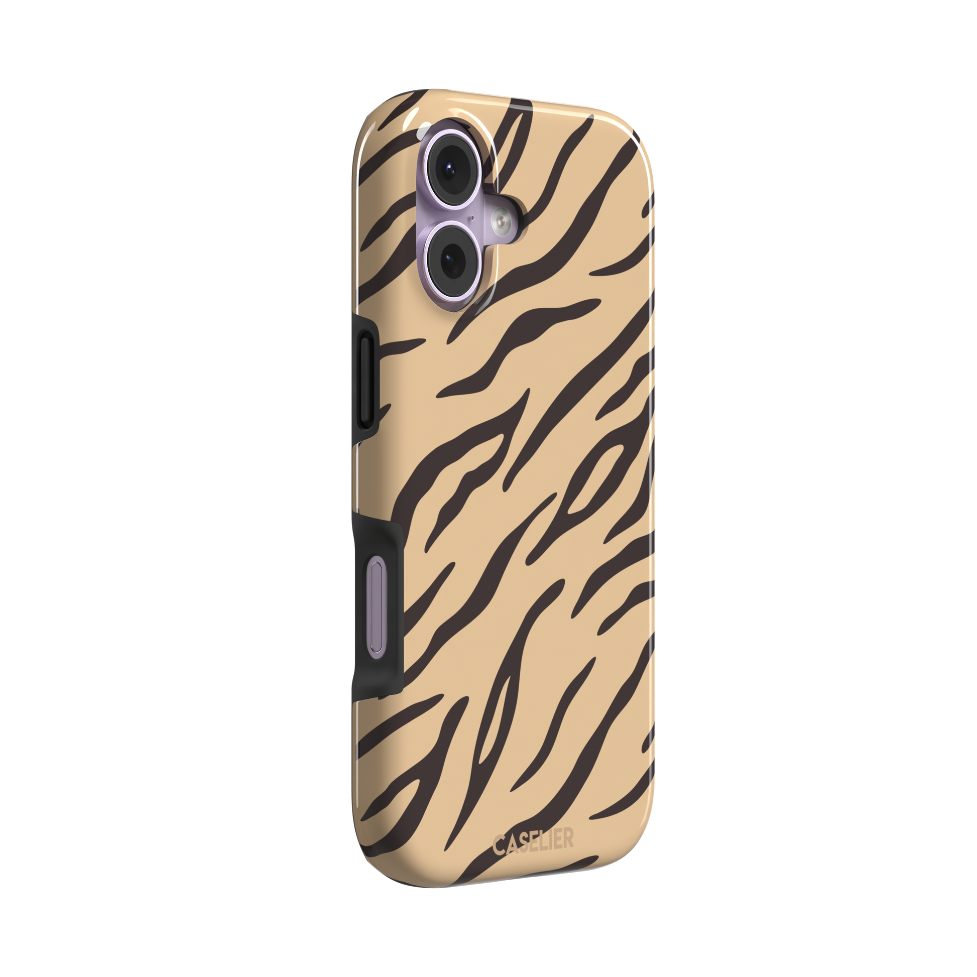 Tiger print phone case in sandy beige with dark brown stripes, warm-toned animal print variant, phone case by Caselier — tough case, left view
