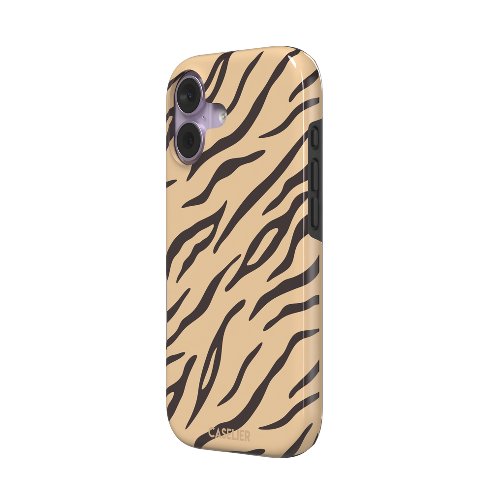 Tiger print phone case in sandy beige with dark brown stripes, warm-toned animal print variant, phone case by Caselier — tough case, right view