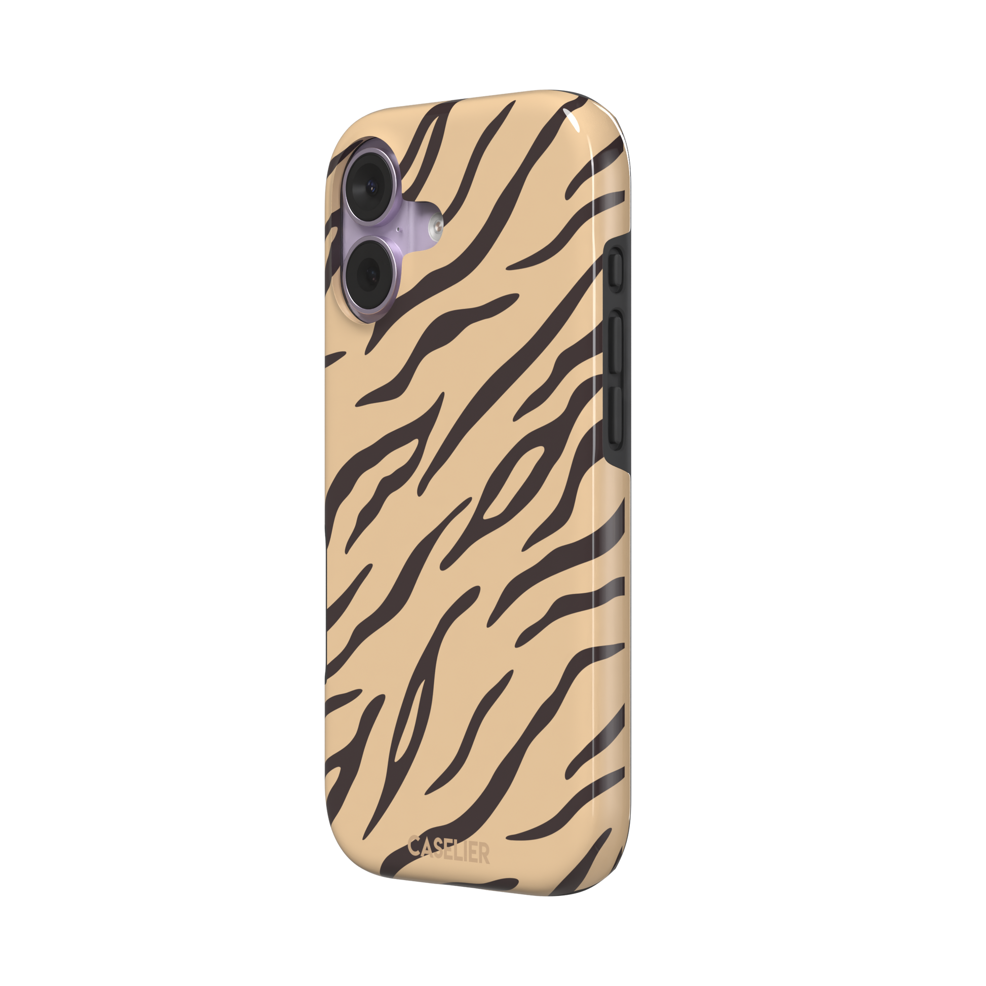 Tiger print phone case in sandy beige with dark brown stripes, warm-toned animal print variant, phone case by Caselier — tough case, right view