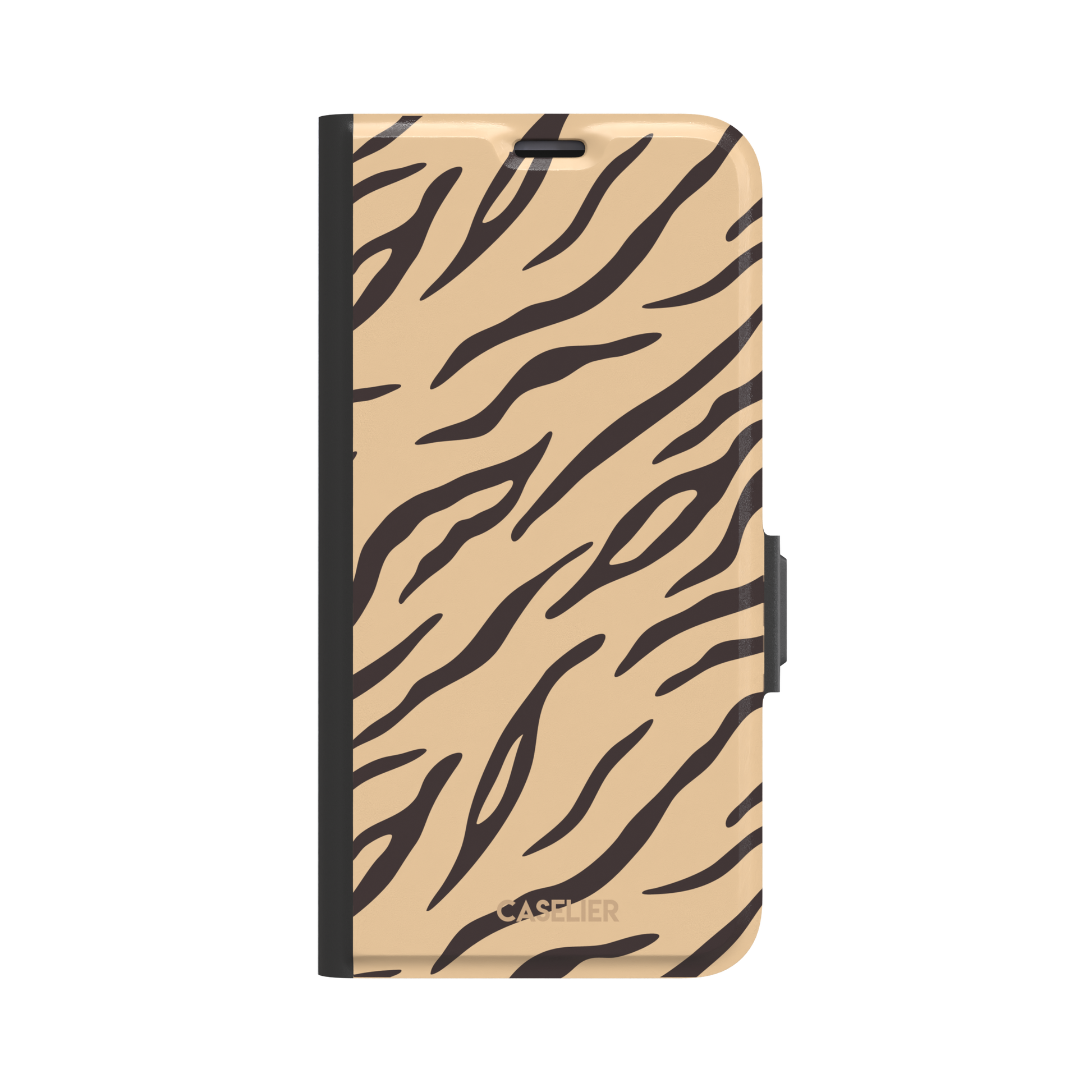 Tiger print phone case in sandy beige with dark brown stripes, warm-toned animal print variant, phone case by Caselier — wallet case, front view