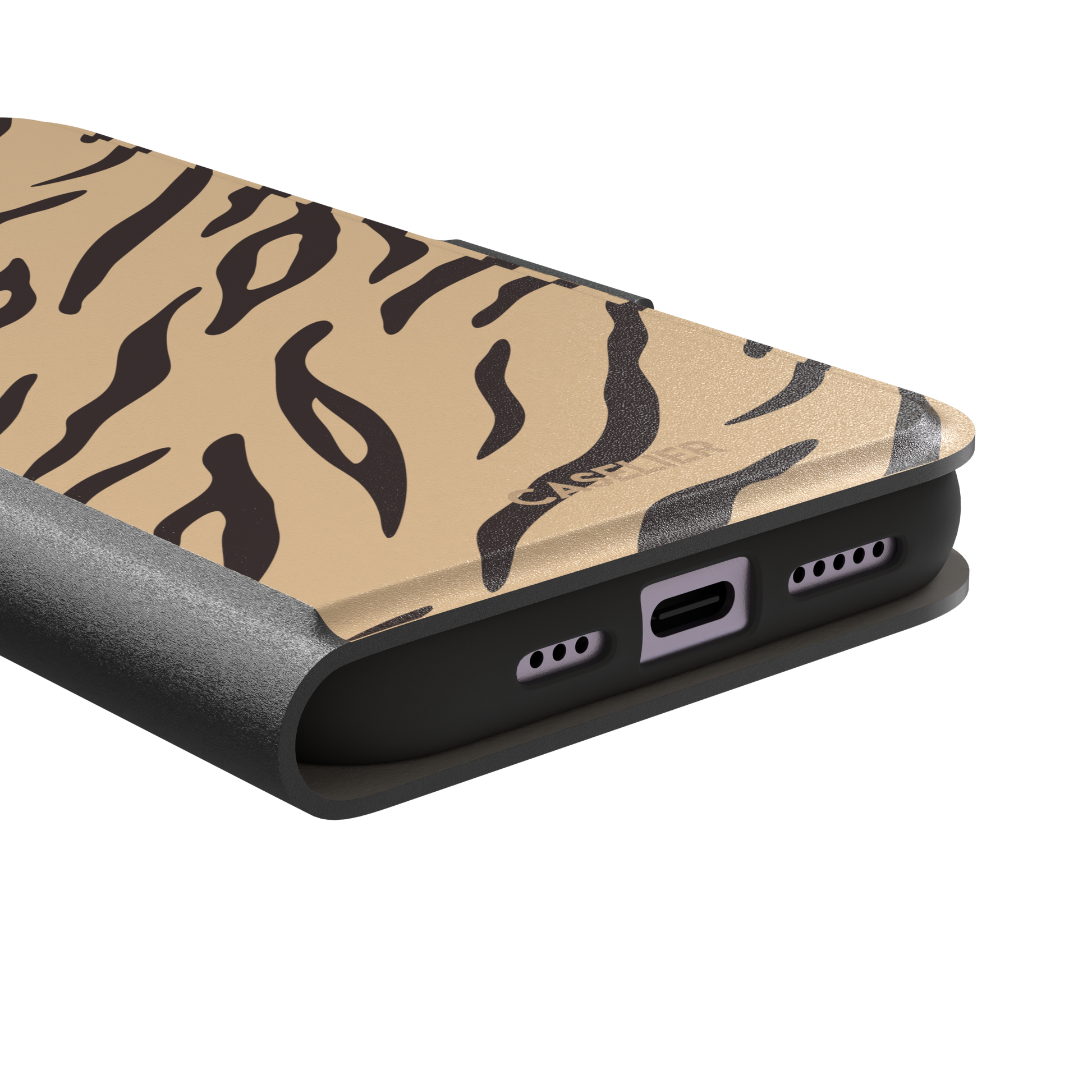 Tiger print phone case in sandy beige with dark brown stripes, warm-toned animal print variant, phone case by Caselier — wallet case, charging port detail