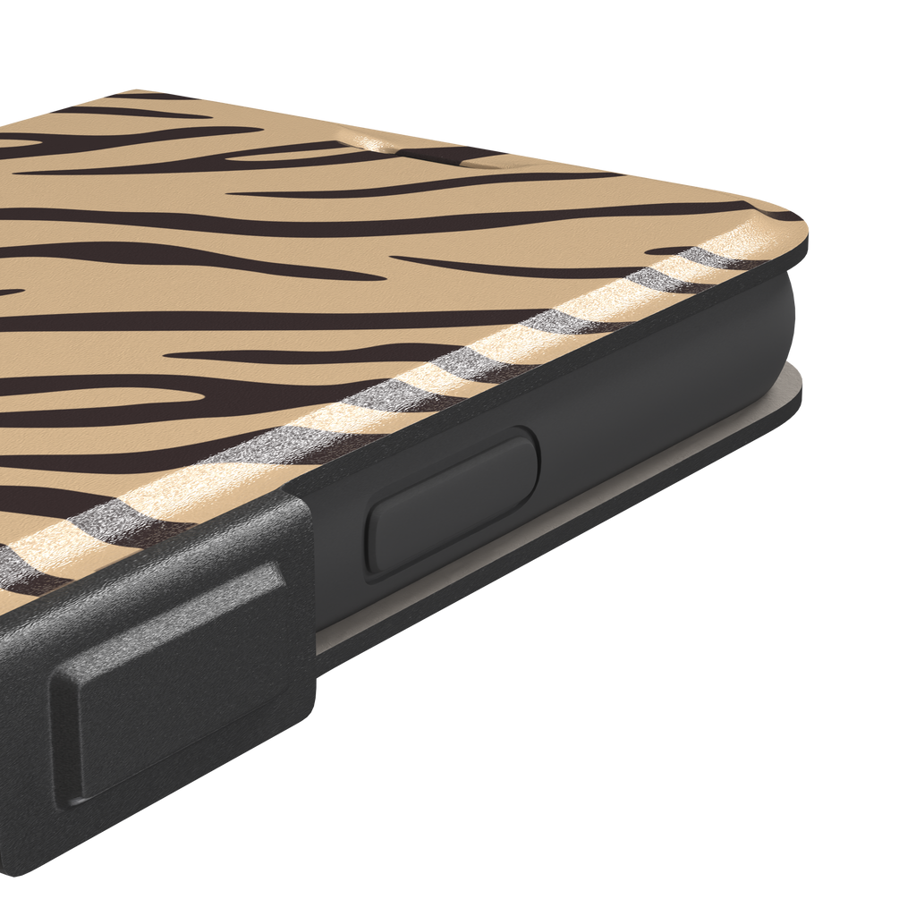 Tiger print phone case in sandy beige with dark brown stripes, warm-toned animal print variant, phone case by Caselier — wallet case, volume buttons detail