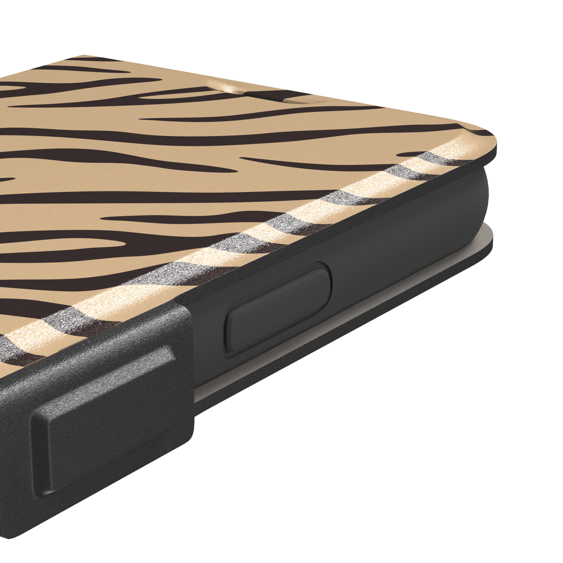 Tiger print phone case in sandy beige with dark brown stripes, warm-toned animal print variant, phone case by Caselier — wallet case, volume buttons detail