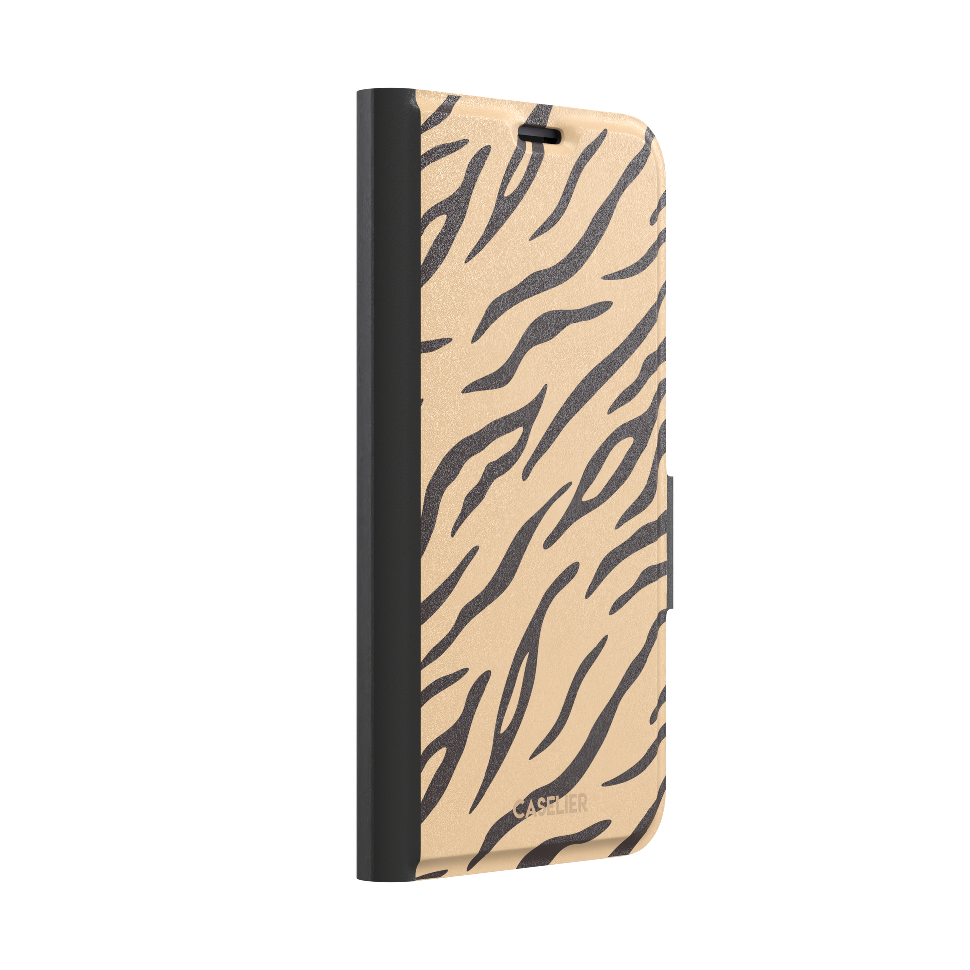 Tiger print phone case in sandy beige with dark brown stripes, warm-toned animal print variant, phone case by Caselier — wallet case, left view