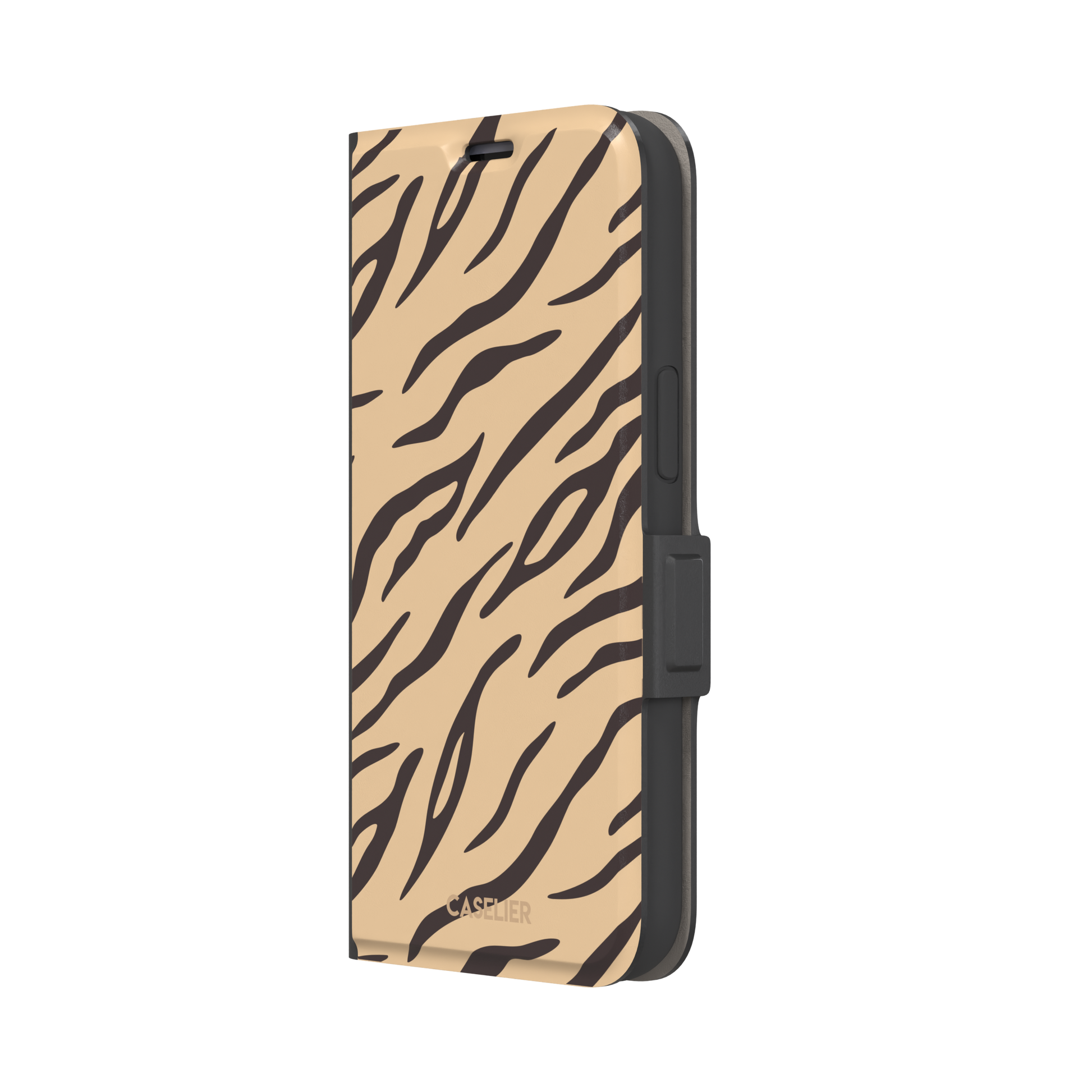 Tiger print phone case in sandy beige with dark brown stripes, warm-toned animal print variant, phone case by Caselier — wallet case, right view