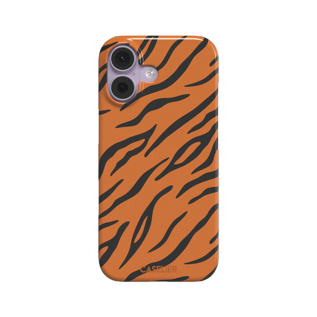 Tiger print phone case in orange with bold black stripes, full-bleed animal print design, phone case by Caselier — snap case, front view
