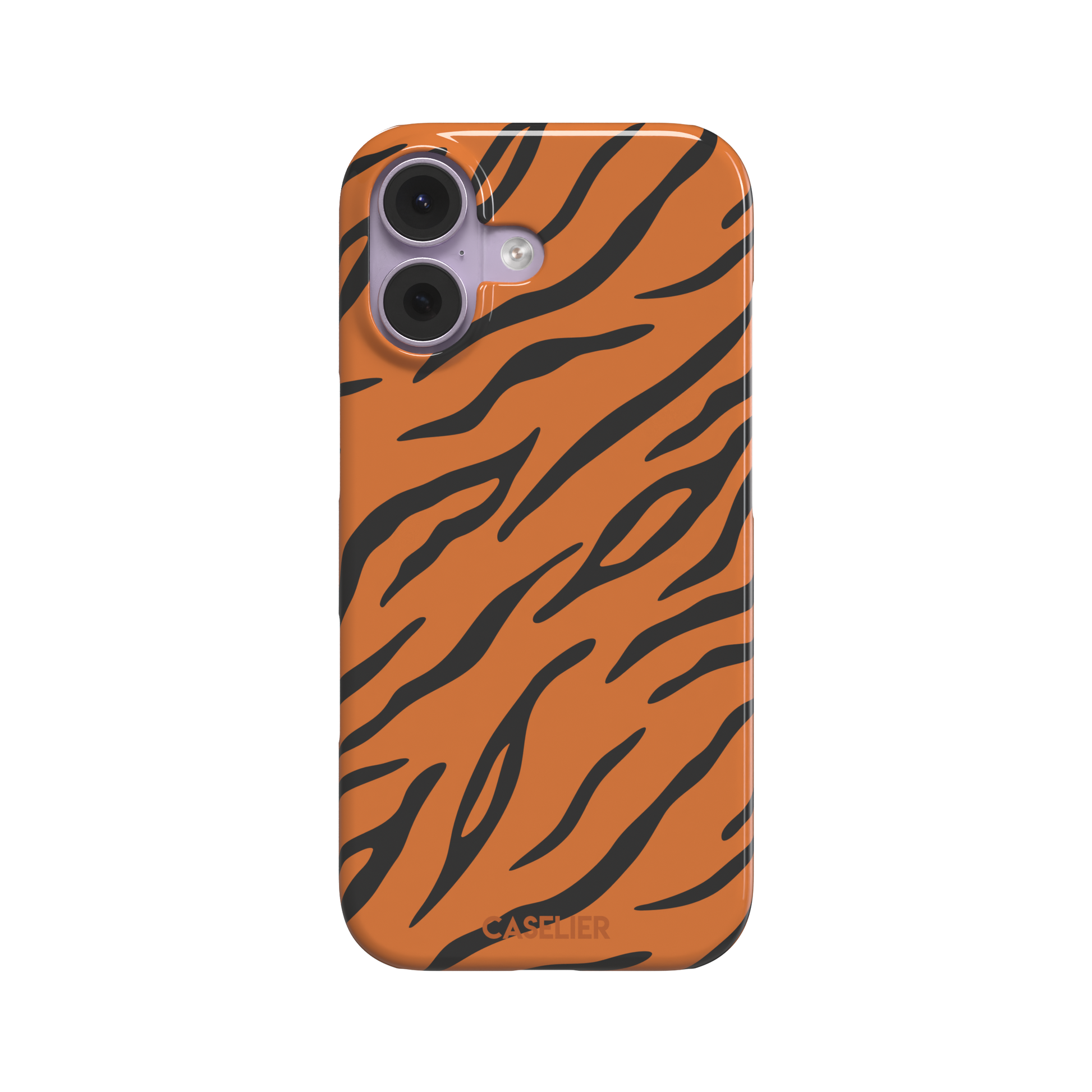 Tiger print phone case in orange with bold black stripes, full-bleed animal print design, phone case by Caselier — snap case, front view