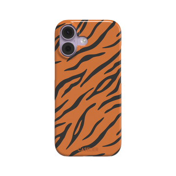 Tiger print phone case in orange with bold black stripes, full-bleed animal print design, phone case by Caselier — snap case, front view