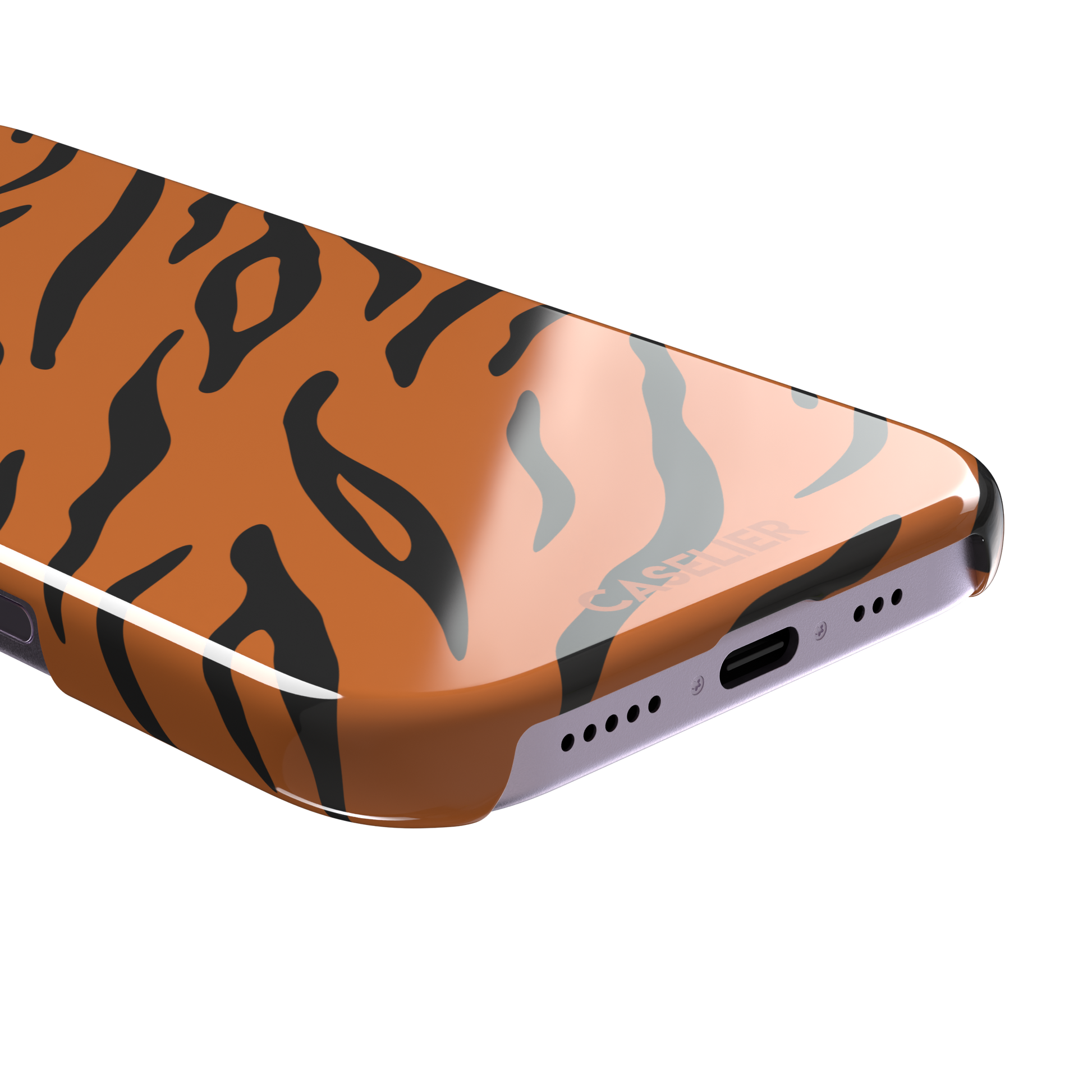 Tiger print phone case in orange with bold black stripes, full-bleed animal print design, phone case by Caselier — snap case, charging port detail