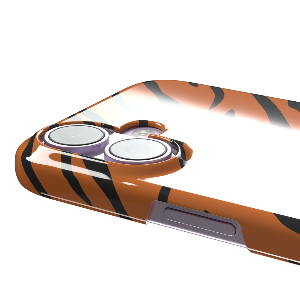 Tiger print phone case in orange with bold black stripes, full-bleed animal print design, phone case by Caselier — snap case, volume buttons detail