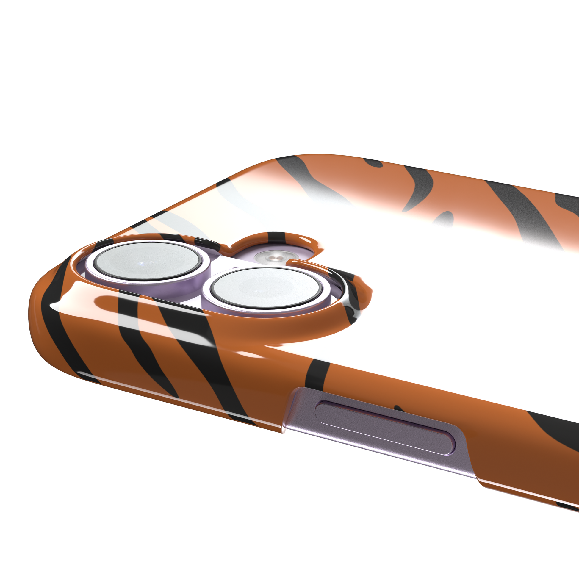 Tiger print phone case in orange with bold black stripes, full-bleed animal print design, phone case by Caselier — snap case, volume buttons detail