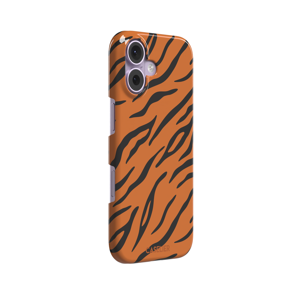 Tiger print phone case in orange with bold black stripes, full-bleed animal print design, phone case by Caselier — snap case, left view