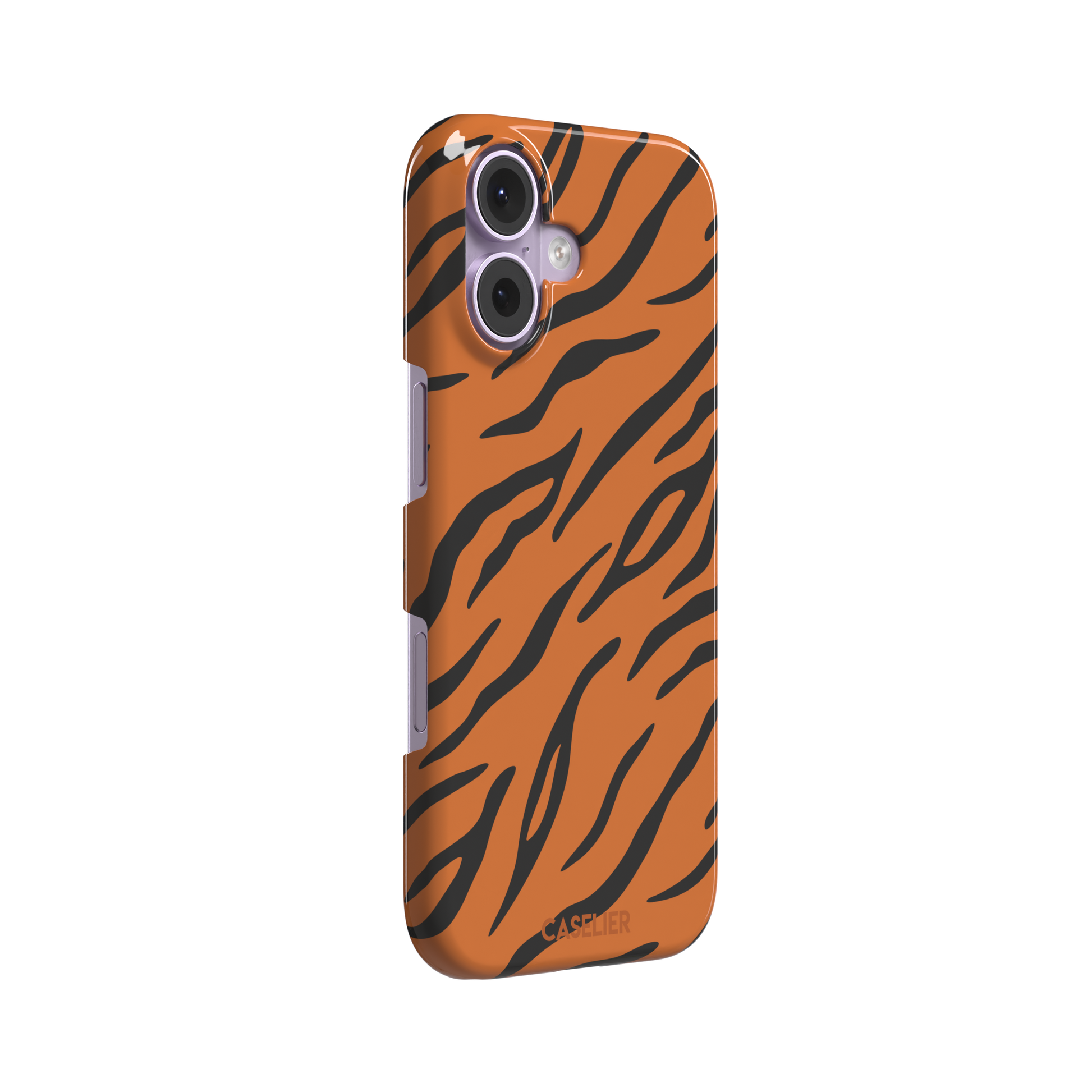 Tiger print phone case in orange with bold black stripes, full-bleed animal print design, phone case by Caselier — snap case, left view