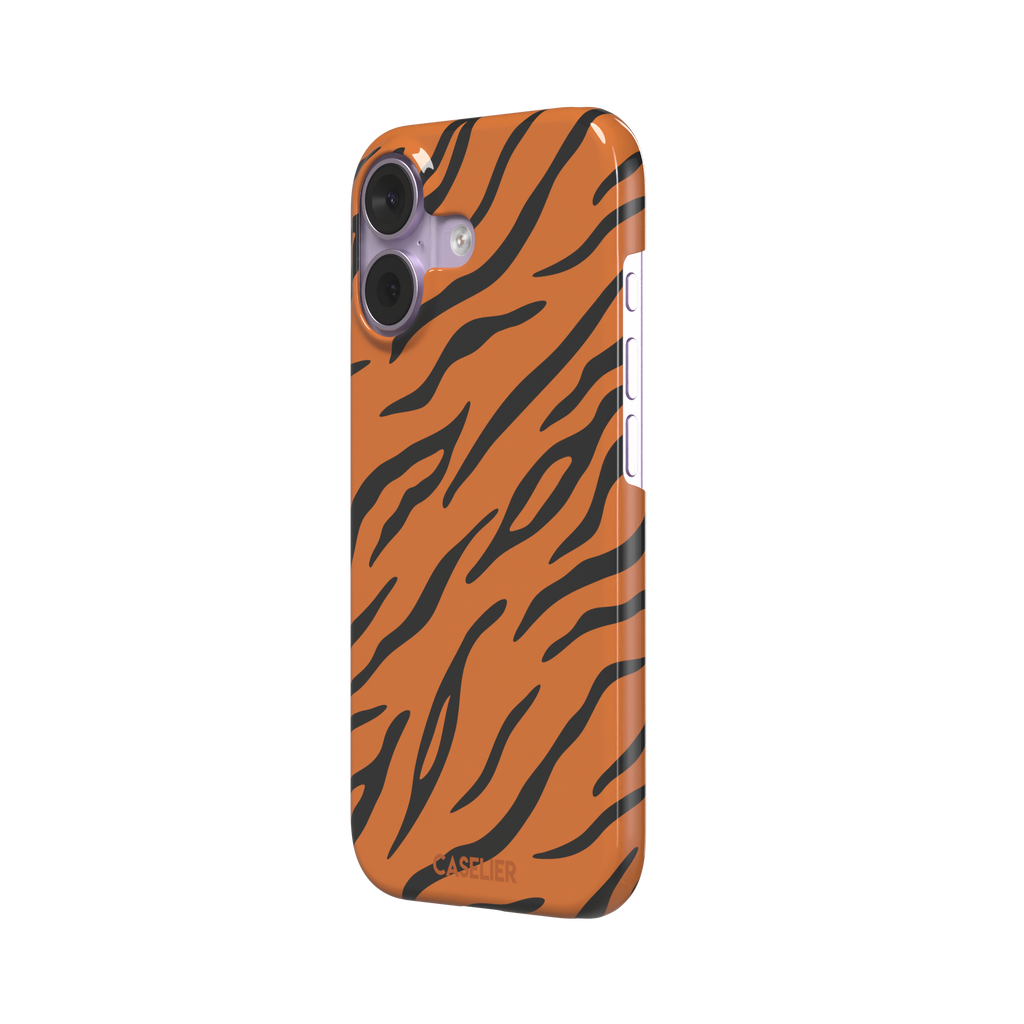 Tiger print phone case in orange with bold black stripes, full-bleed animal print design, phone case by Caselier — snap case, right view