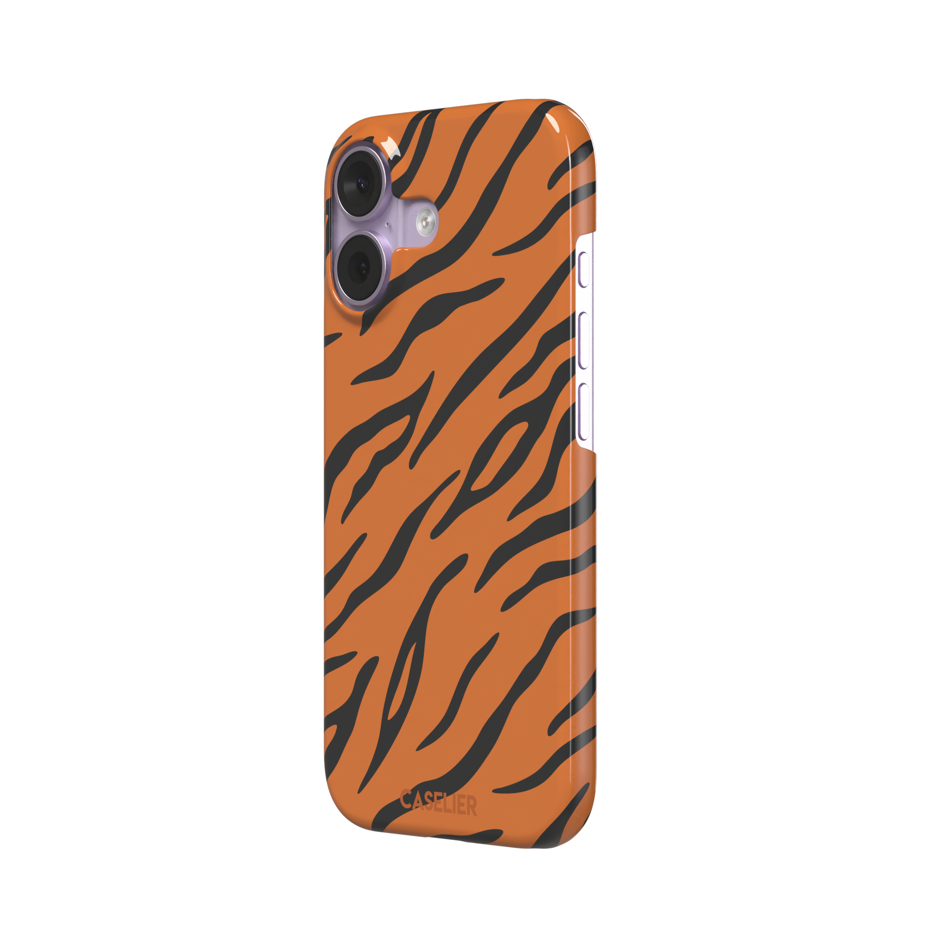 Tiger print phone case in orange with bold black stripes, full-bleed animal print design, phone case by Caselier — snap case, right view