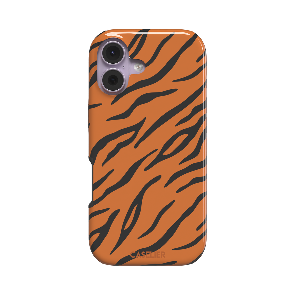 Tiger print phone case in orange with bold black stripes, full-bleed animal print design, phone case by Caselier — tough case, front view