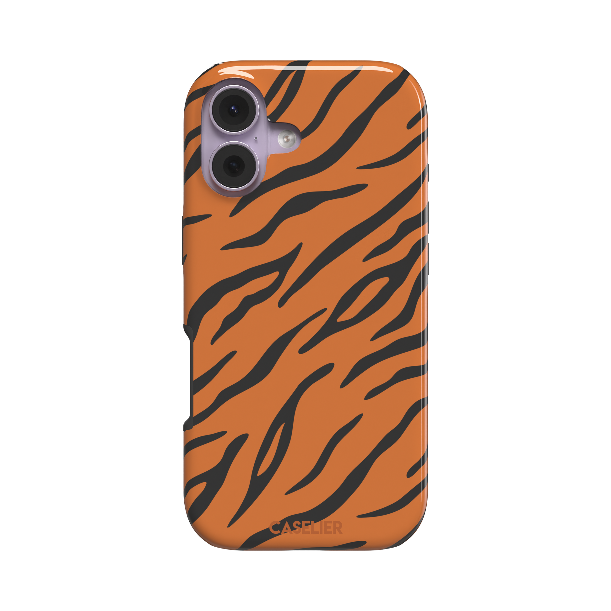 Tiger print phone case in orange with bold black stripes, full-bleed animal print design, phone case by Caselier — tough case, front view