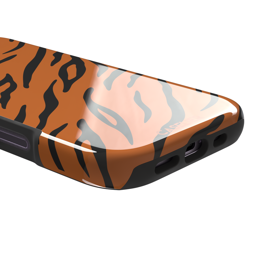 Tiger print phone case in orange with bold black stripes, full-bleed animal print design, phone case by Caselier — tough case, charging port detail