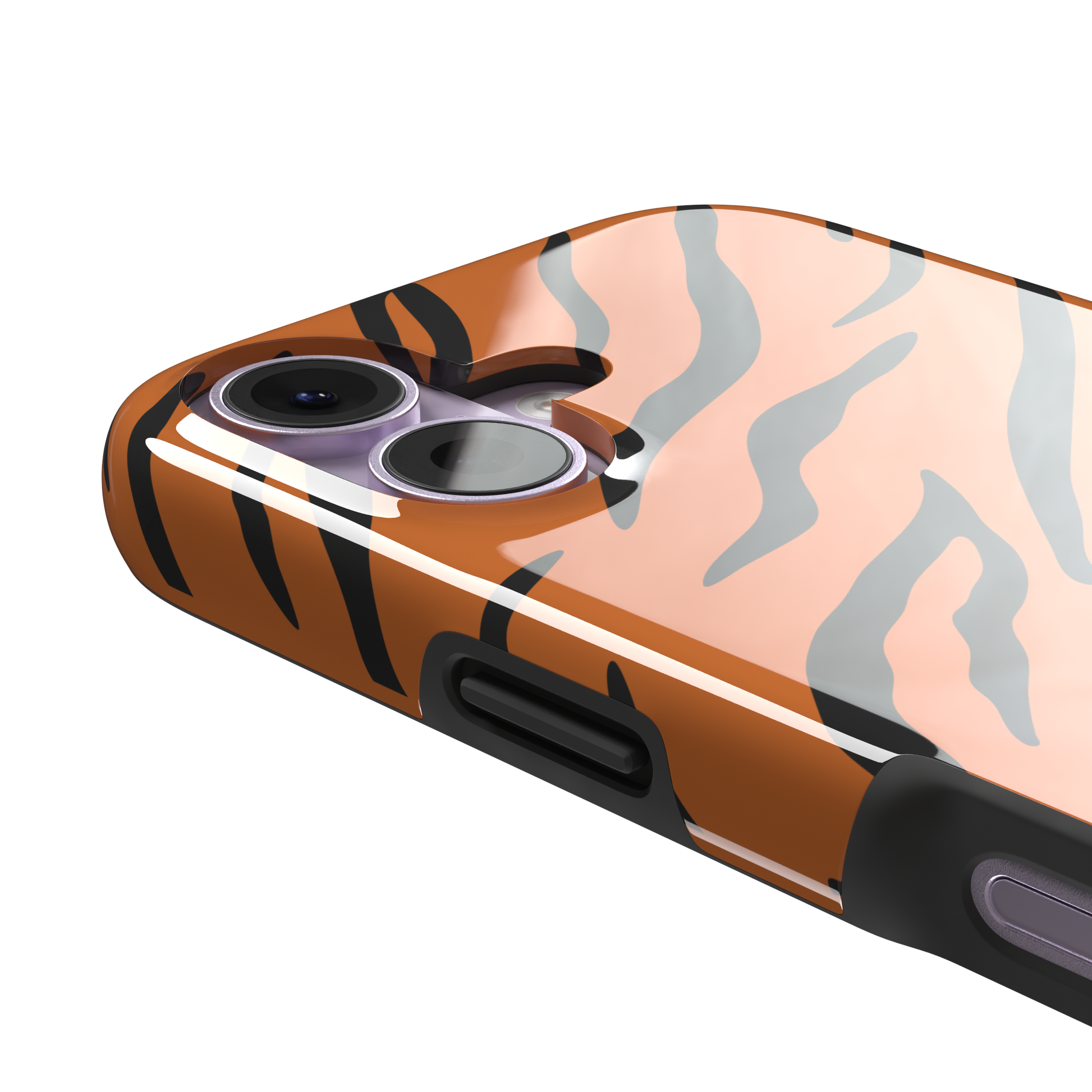 Tiger print phone case in orange with bold black stripes, full-bleed animal print design, phone case by Caselier — tough case, volume buttons detail