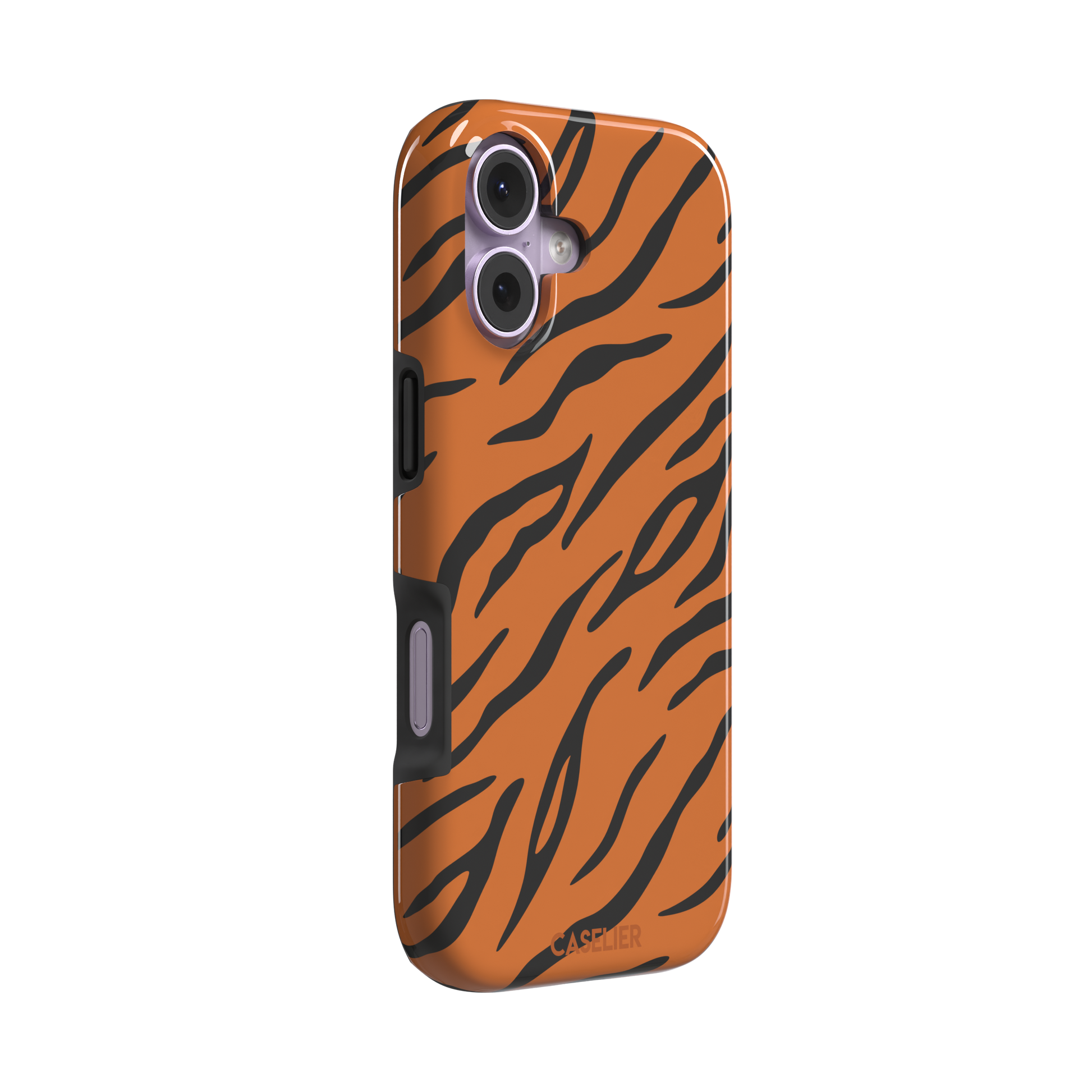 Tiger print phone case in orange with bold black stripes, full-bleed animal print design, phone case by Caselier — tough case, left view