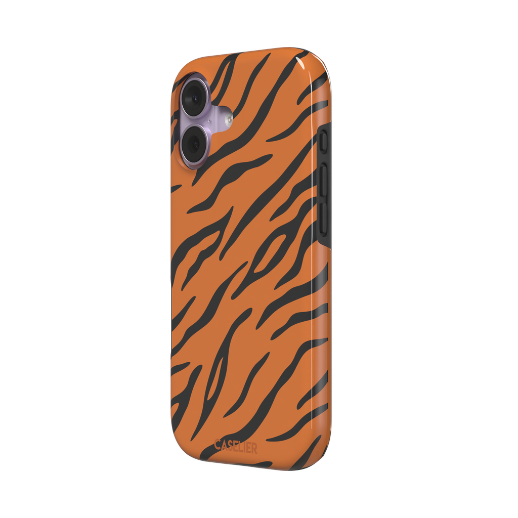 Tiger print phone case in orange with bold black stripes, full-bleed animal print design, phone case by Caselier — tough case, right view