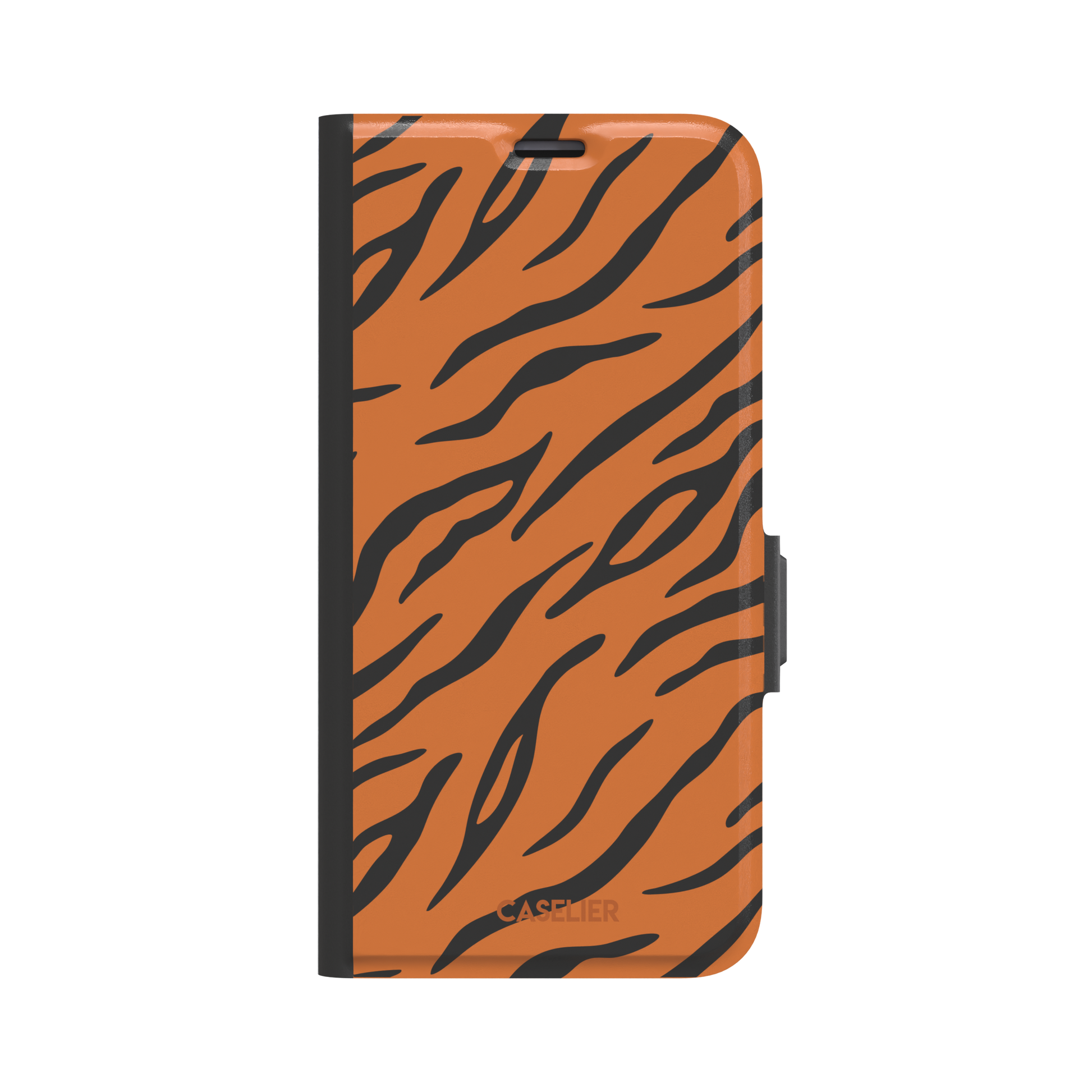Tiger print phone case in orange with bold black stripes, full-bleed animal print design, phone case by Caselier — wallet case, front view