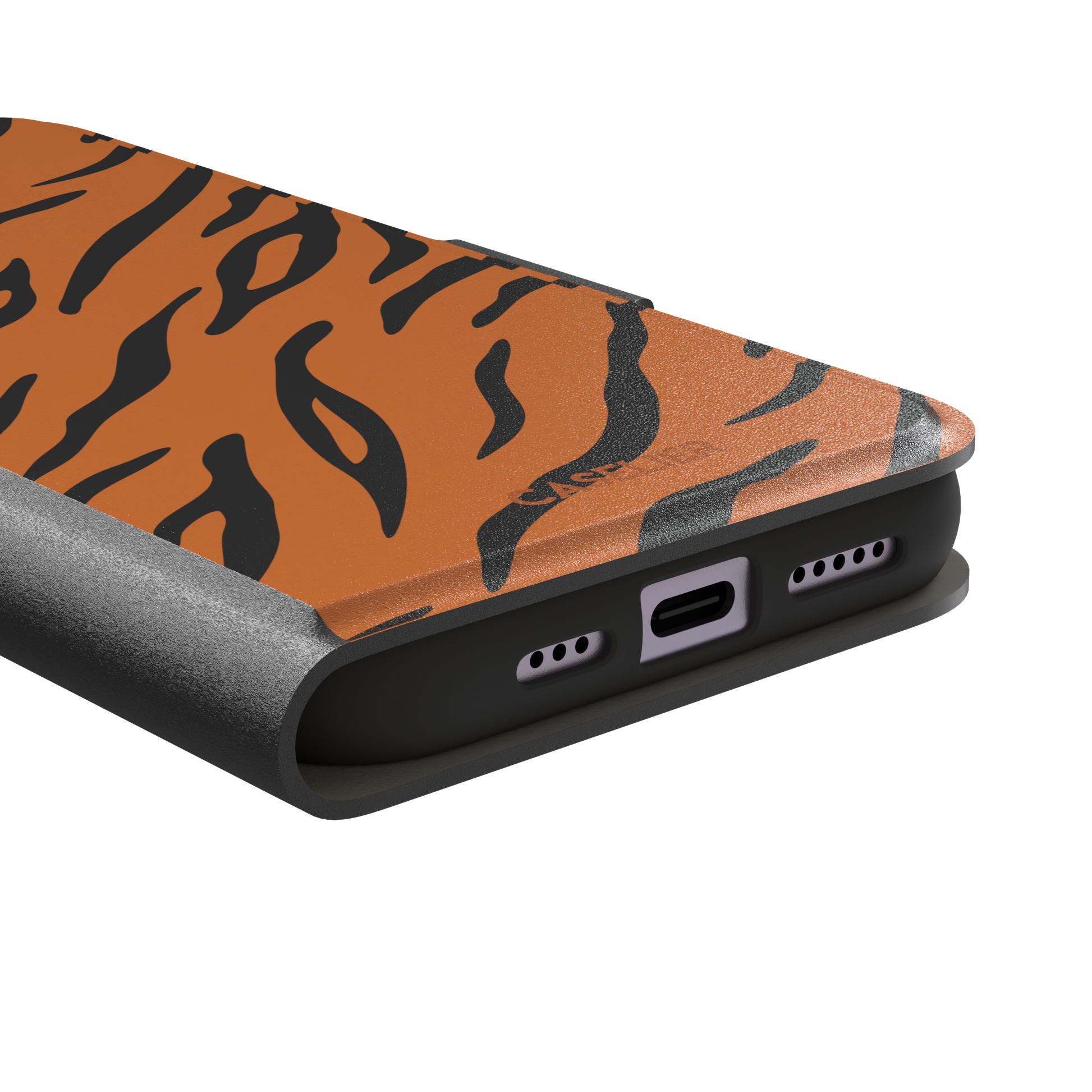 Tiger print phone case in orange with bold black stripes, full-bleed animal print design, phone case by Caselier — wallet case, charging port detail
