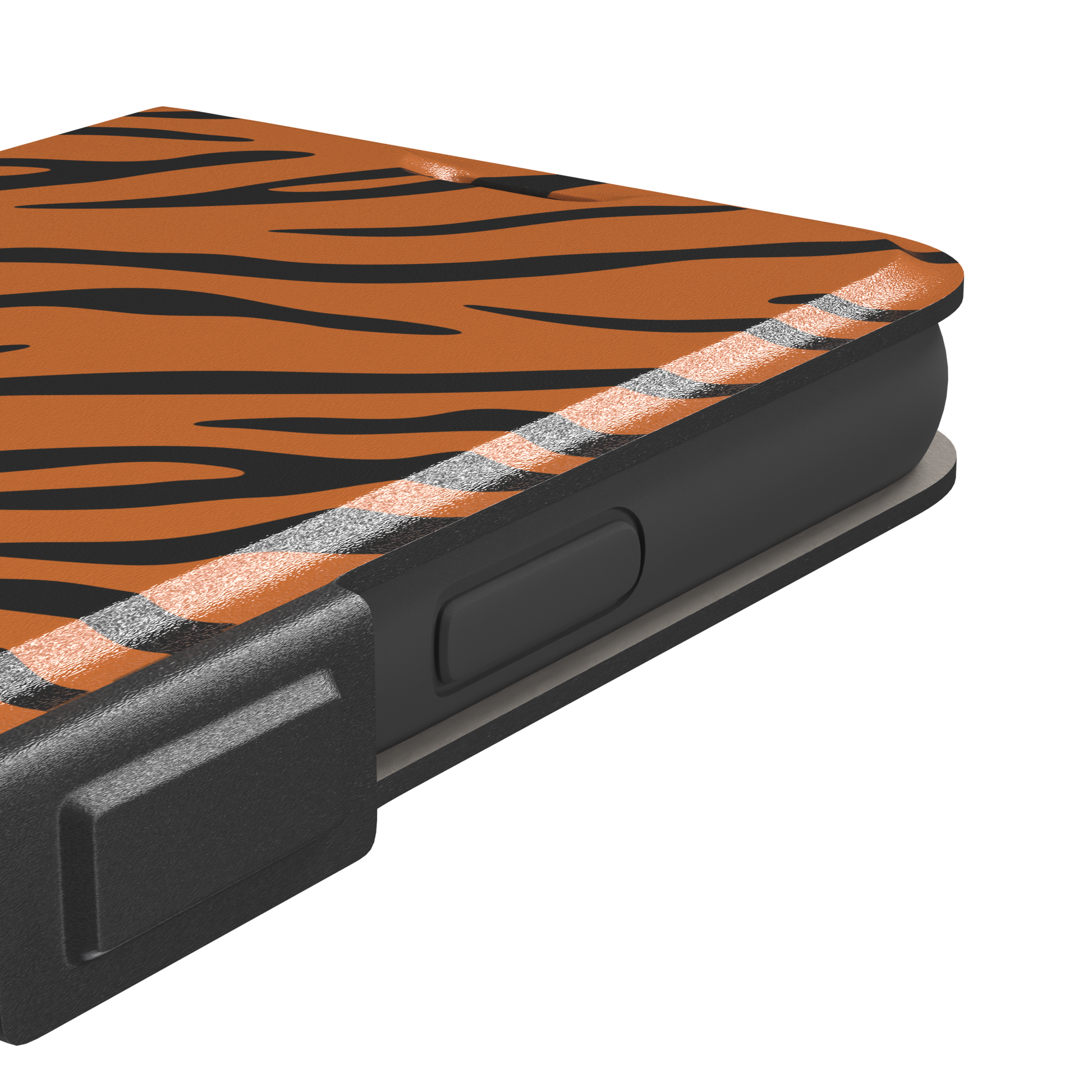 Tiger print phone case in orange with bold black stripes, full-bleed animal print design, phone case by Caselier — wallet case, volume buttons detail