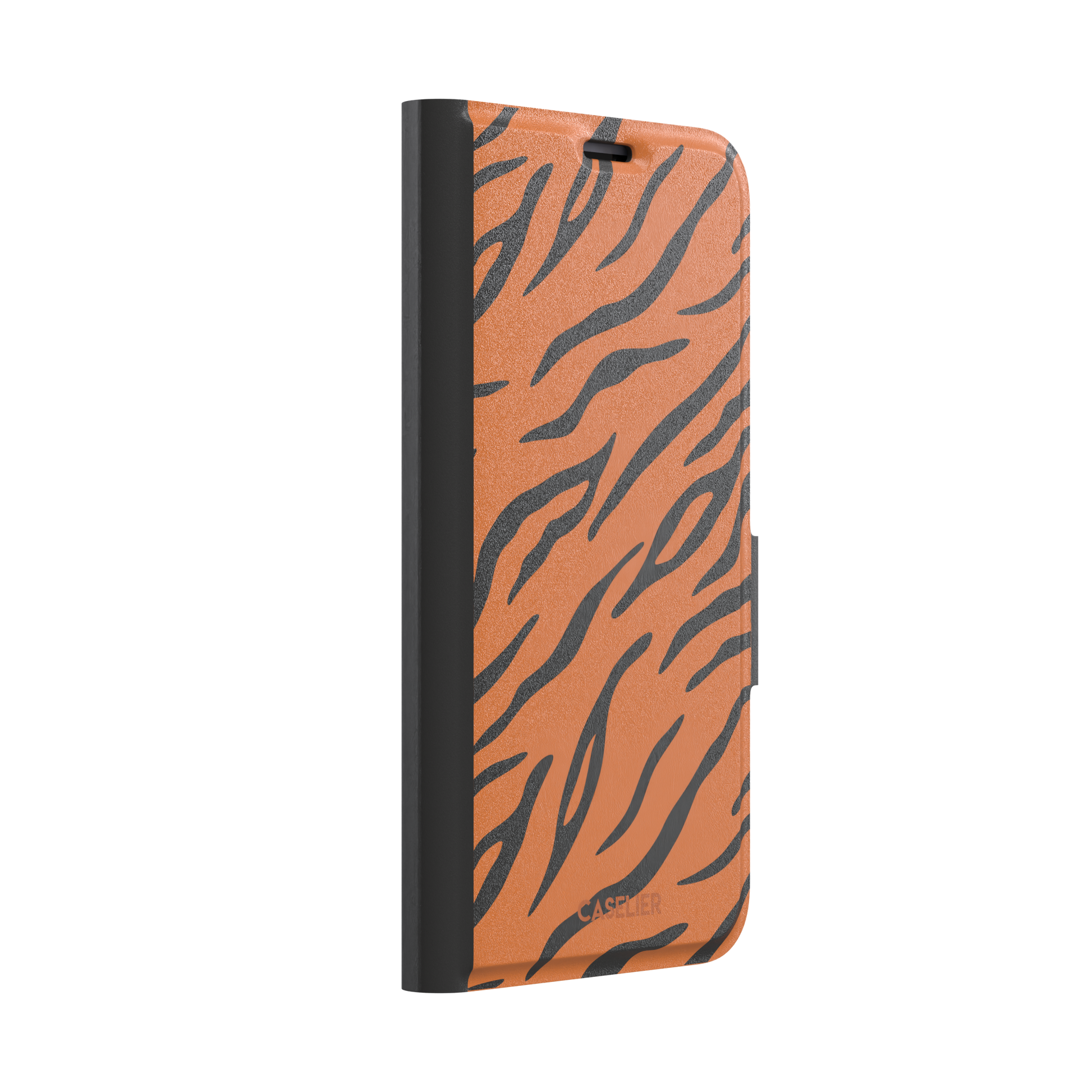 Tiger print phone case in orange with bold black stripes, full-bleed animal print design, phone case by Caselier — wallet case, left view