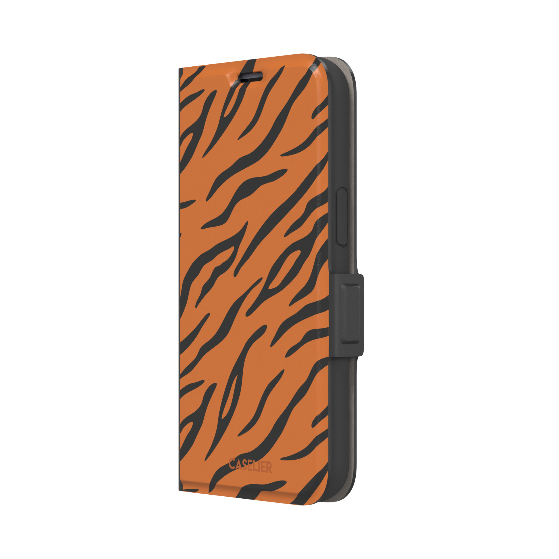 Tiger print phone case in orange with bold black stripes, full-bleed animal print design, phone case by Caselier — wallet case, right view