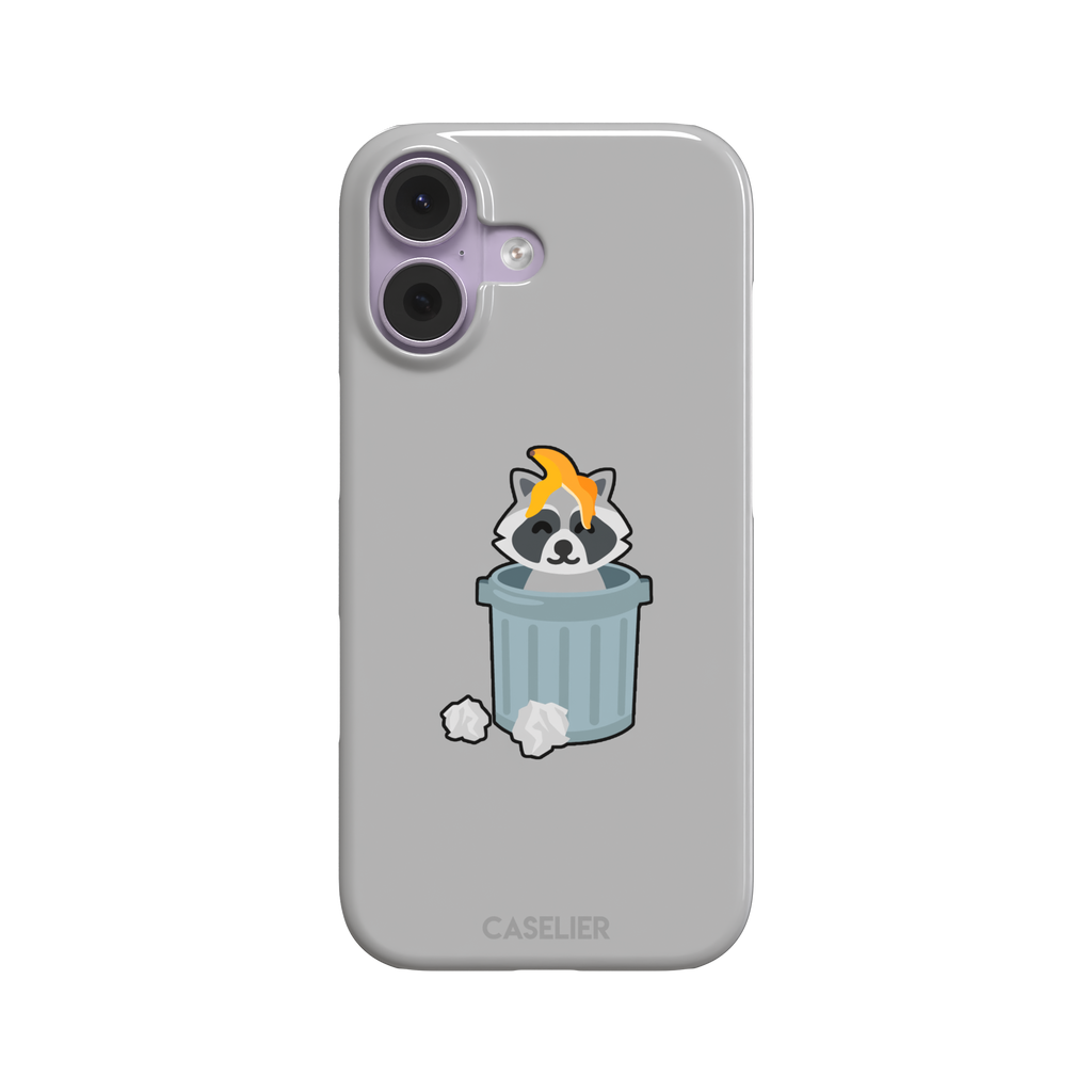 Grey phone case featuring a cute cartoon raccoon sitting inside a metal trash can with an orange food scrap on its head and crumpled paper on the ground, phone case by Caselier — snap case, front view